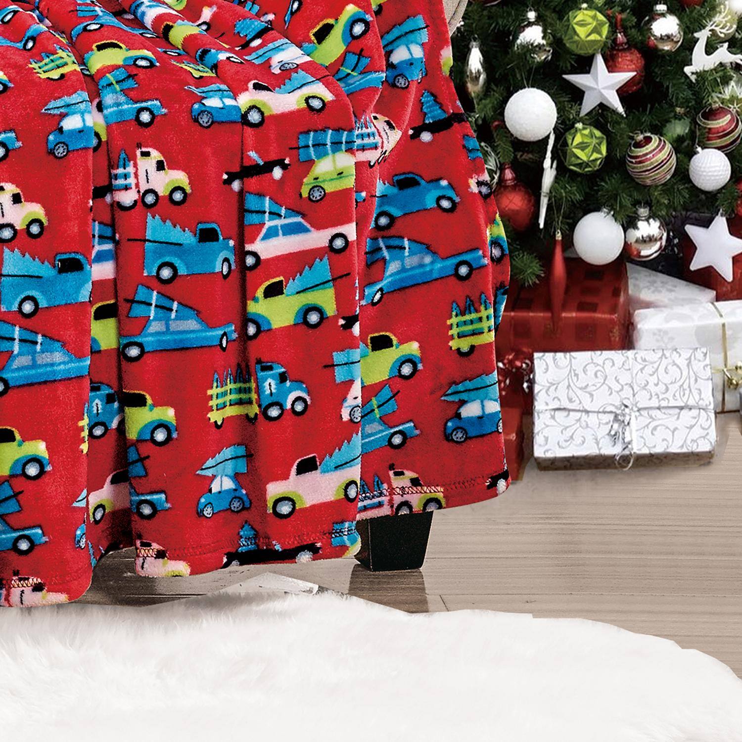 Alt View 2. Noble House - Plazatex Christmas Cars Plush All Season Decorative Throw Blanket 50" x 60" Red - Red.