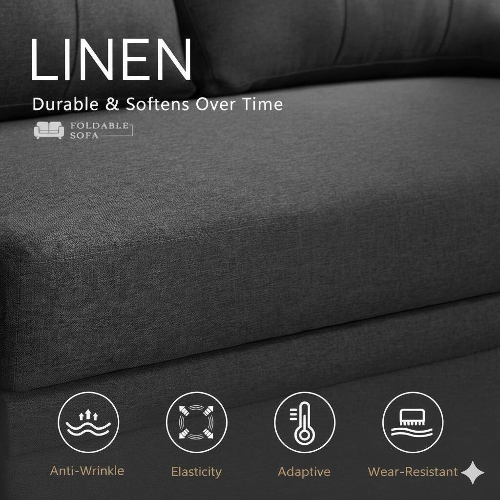 LINEN  
Durable & Softens Over Time  

FOLDABLE SOFA  

- Anti-Wrinkle  
- Elasticity  
- Adaptive  
- Wear-Resistant