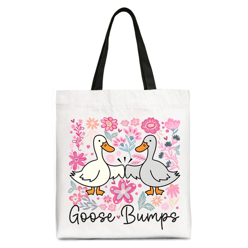OrnamentallyYou - Funny Goose Bumps Floral Canvas Tote Bag, Sarcastic Goose Gift Shopper - White Black