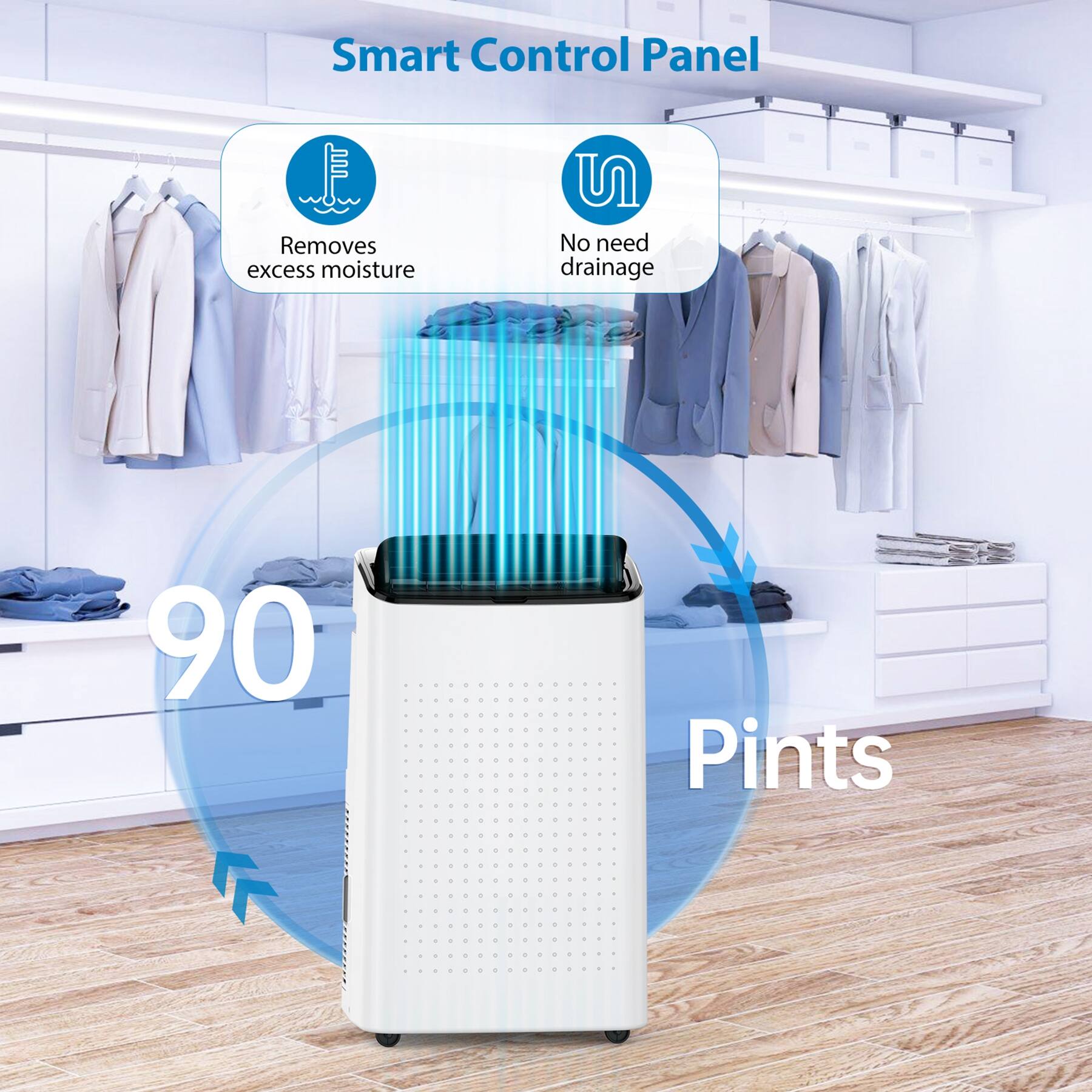 Smart Control Panel

- Removes excess moisture
- No need drainage

90 Pints