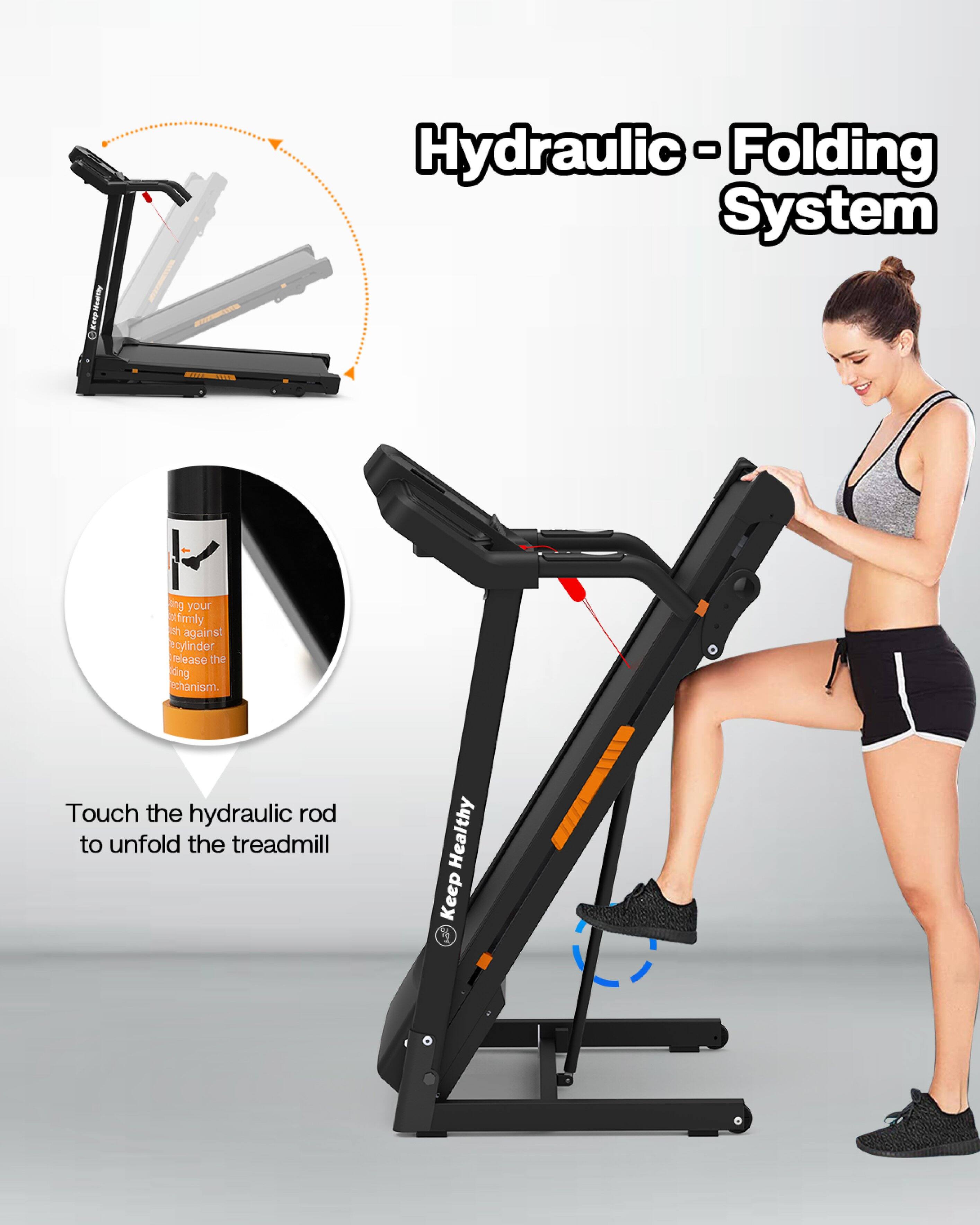 Hydraulic - Folding System

Touch the hydraulic rod to unfold the treadmill

Hold your foot firmly against the cylinder to release the folding mechanism.