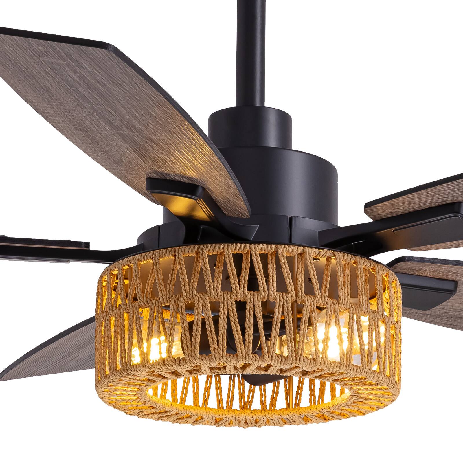Alt View 3. Siljoy - 46-in Boho Black Rattan Ceiling Fan with Light and Remote Control Include(Bulb not include) - Black.