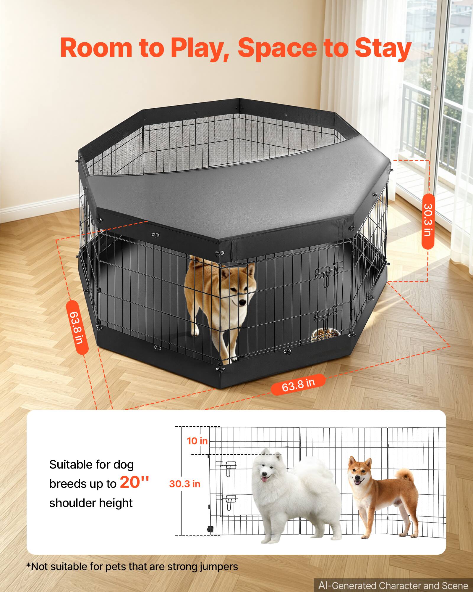 Room to Play, Space to Stay

30.3 in
63.8 in
63.8 in
10 in

Suitable for dog breeds up to 20" shoulder height

*Not suitable for pets that are strong jumpers

AI-Generated Character and Scene