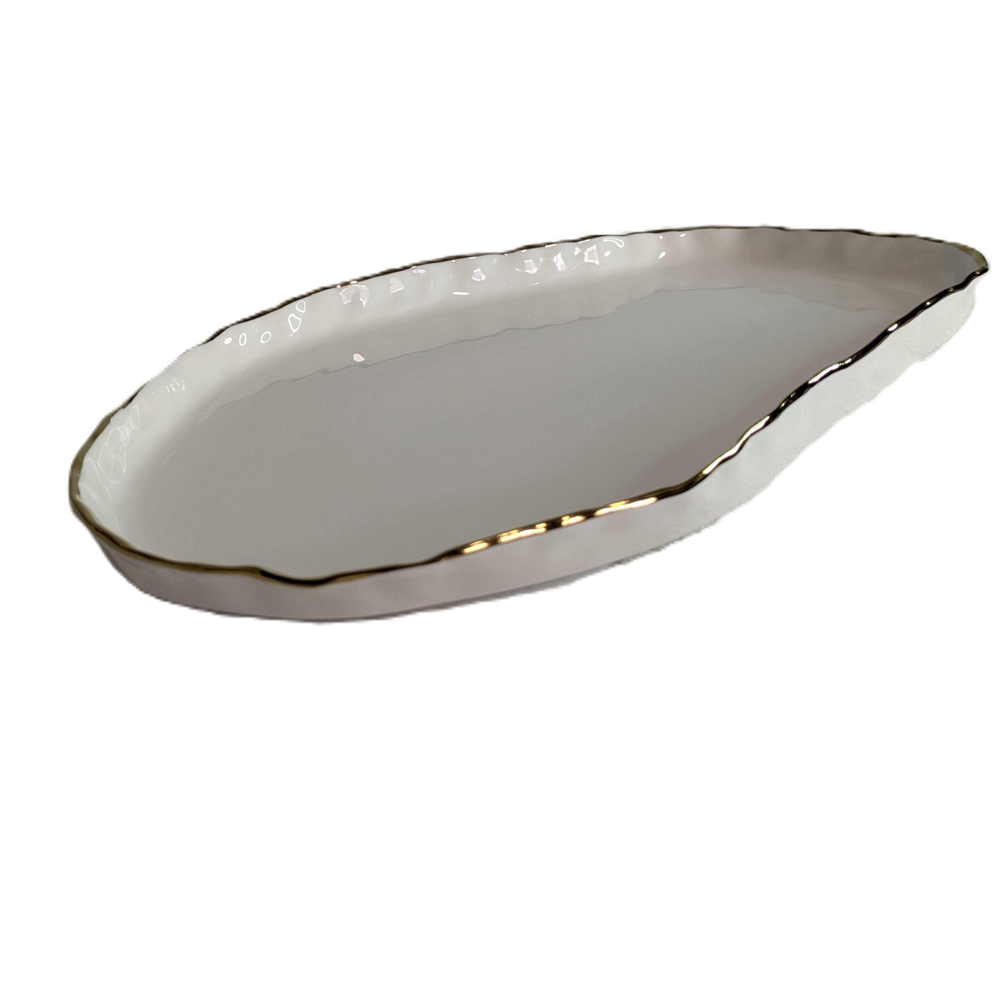 Alt View 1. Jiallo - 12" Simplicity Collection White Porcelain Gold Trim Freestyle Oval Shape Tray - White.
