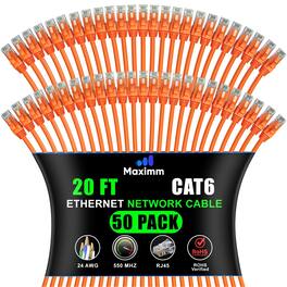 Maximm - Cat 6 Ethernet Cable 20 ft (50-Pack) - UTP, 10Gbps, 550MHz