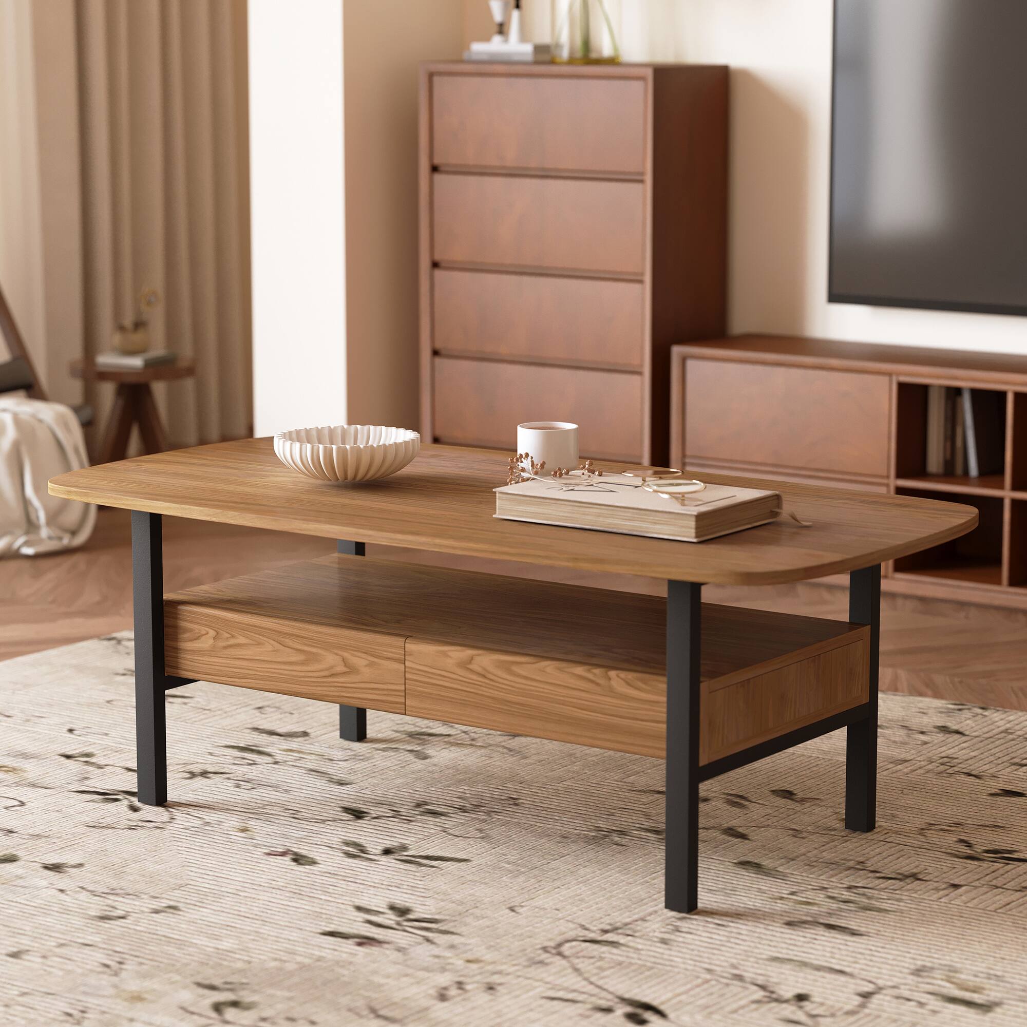 luck idea - 47.2" Coffee Table with Double Drawers and Metal Legs - Walnut Color