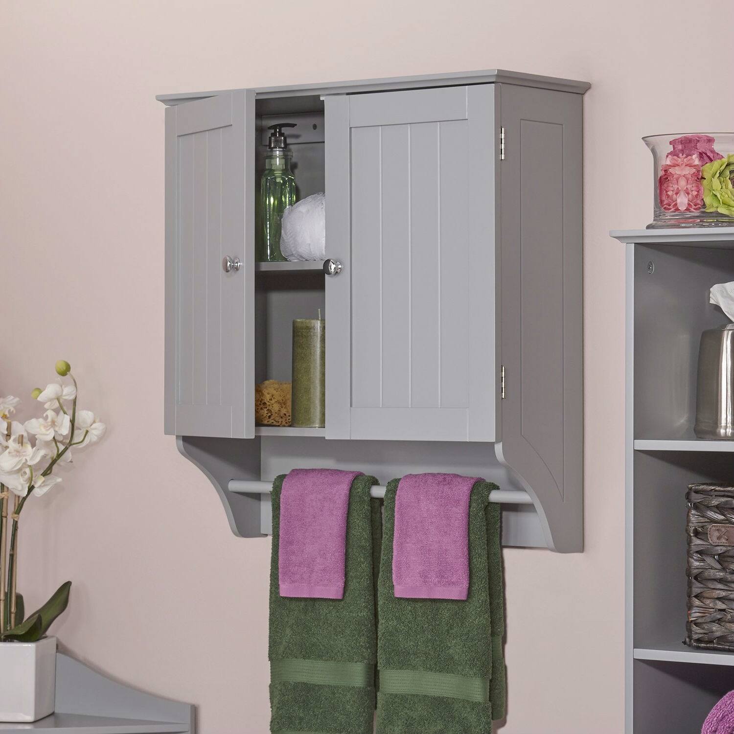 Hivvago - 2-Door Bathroom Wall Cabinet with Towel Bar - Gray