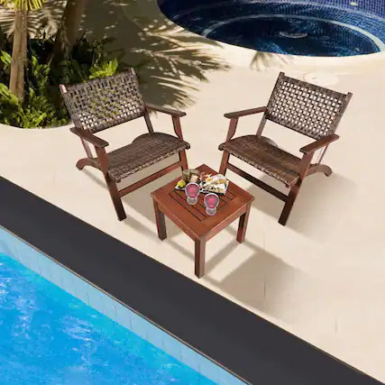 Front. Bestier - 3-Piece Eucalyptus Wood and Rattan Outdoor Patio Conversation Set - Natural Brown - Brown.