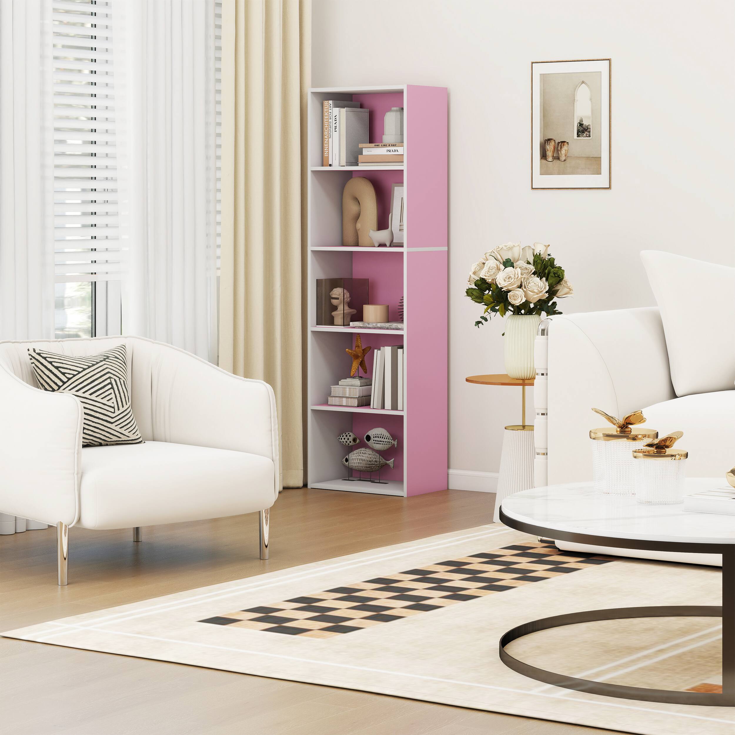 Back. HOMLUX - HOMLUX 5-Tier 52" Engineered Wood Bookcase, Storage Bookshelf for Study Office, White & Pink - Pink & White.