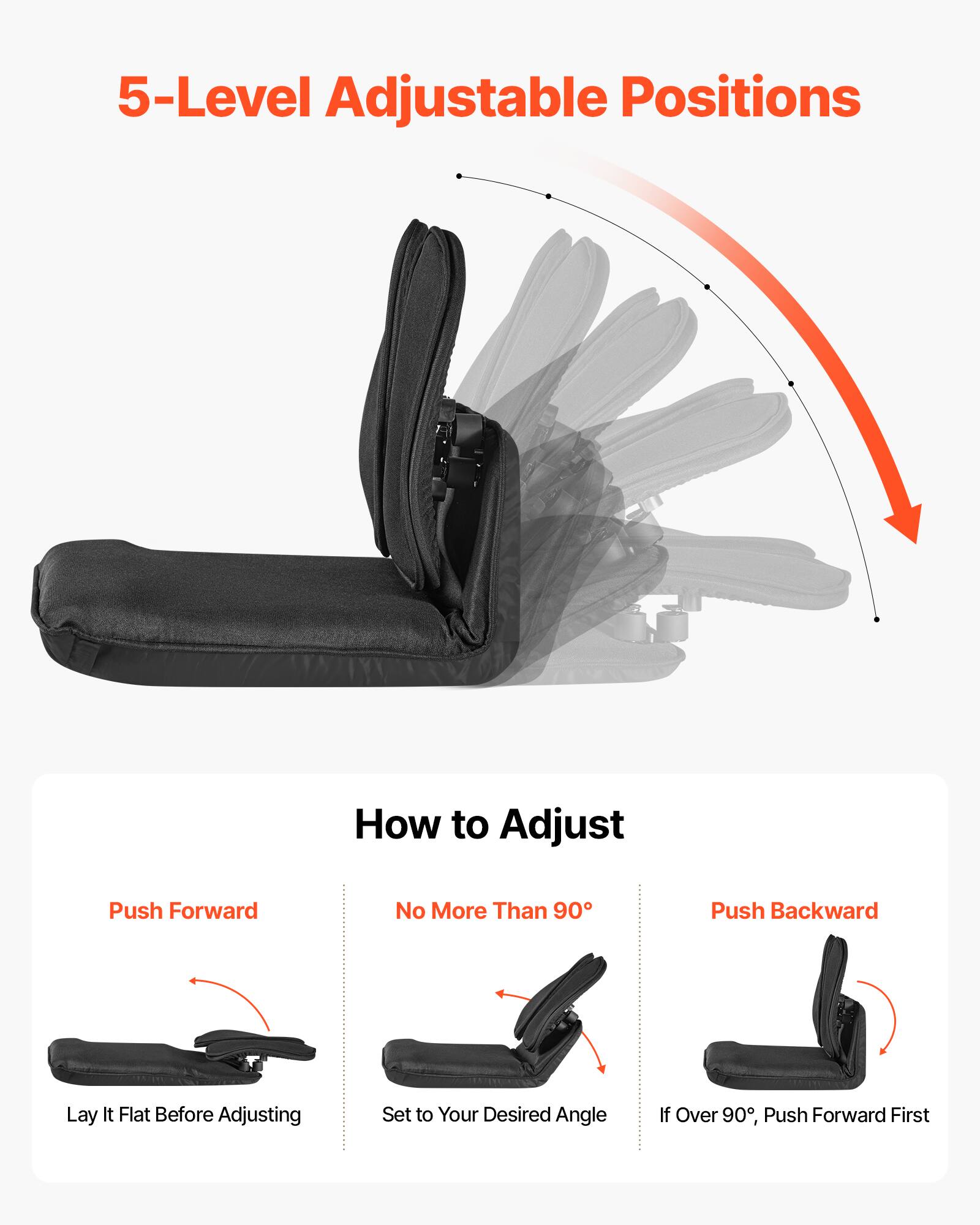 5-Level Adjustable Positions

How to Adjust

Push Forward
Lay It Flat Before Adjusting

No More Than 90°
Set to Your Desired Angle

Push Backward
If Over 90°, Push Forward First