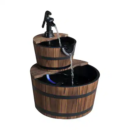 Front. Outsunny - Freestanding Fountain with 2 Tier Waterfall Barrel, Electric Pump for Garden Decor - carbonized brown.