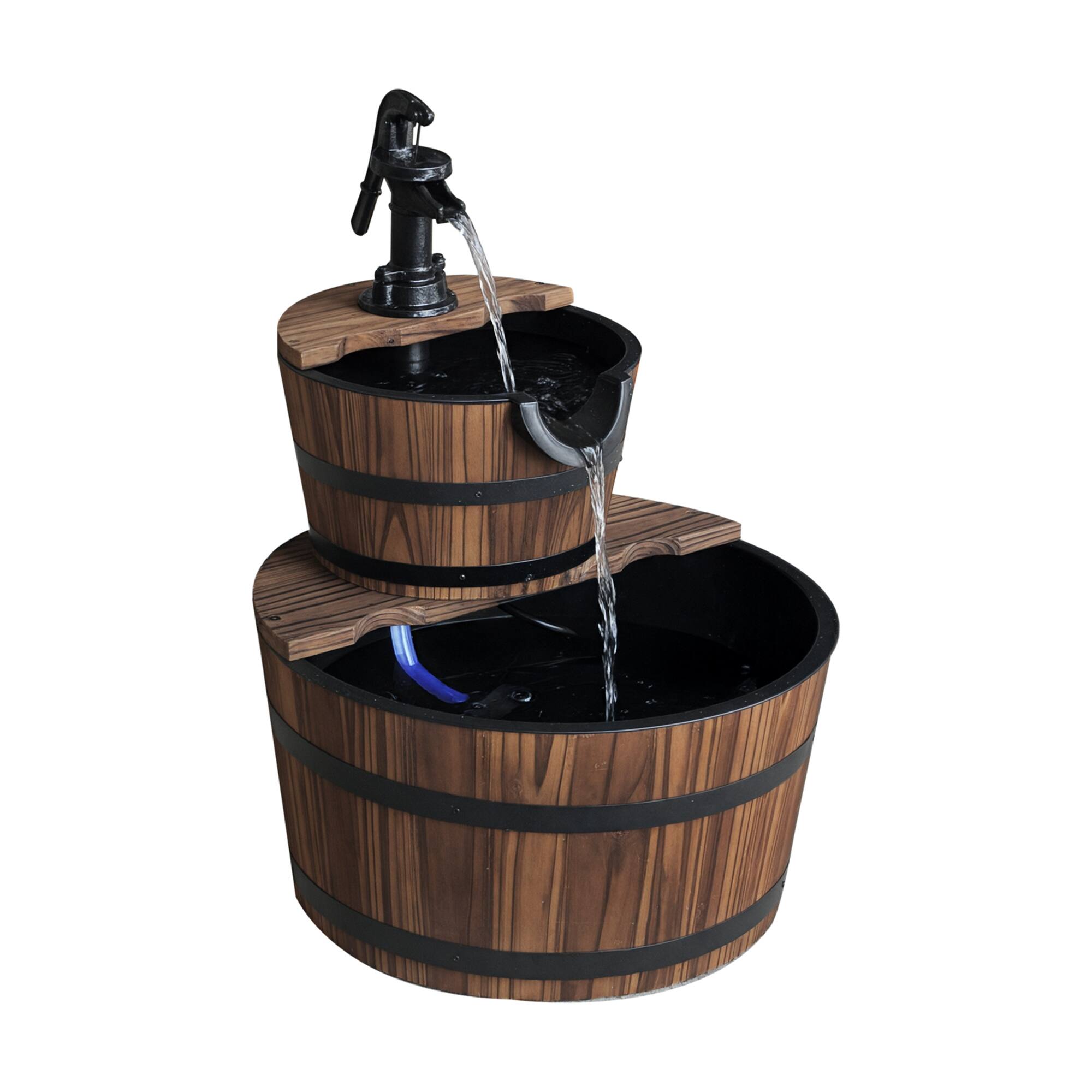 Front. Outsunny - Freestanding Fountain with 2 Tier Waterfall Barrel, Electric Pump for Garden Decor - carbonized brown.