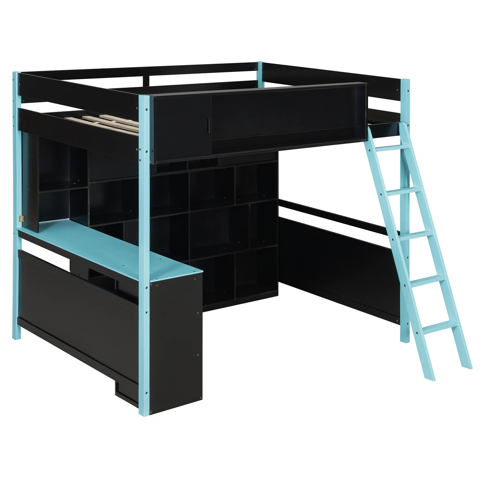 Alt View 1. Anysun - Full Size Wood Loft Bed with Desk, Ample Storage Space and Light - Blue.