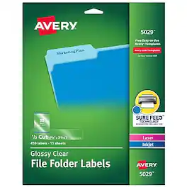 Avery - Sure Feed Laser/Inkjet File Folder Labels, 2/3" x 3-7/16", 450 Labels/Pack - Glossy Clear