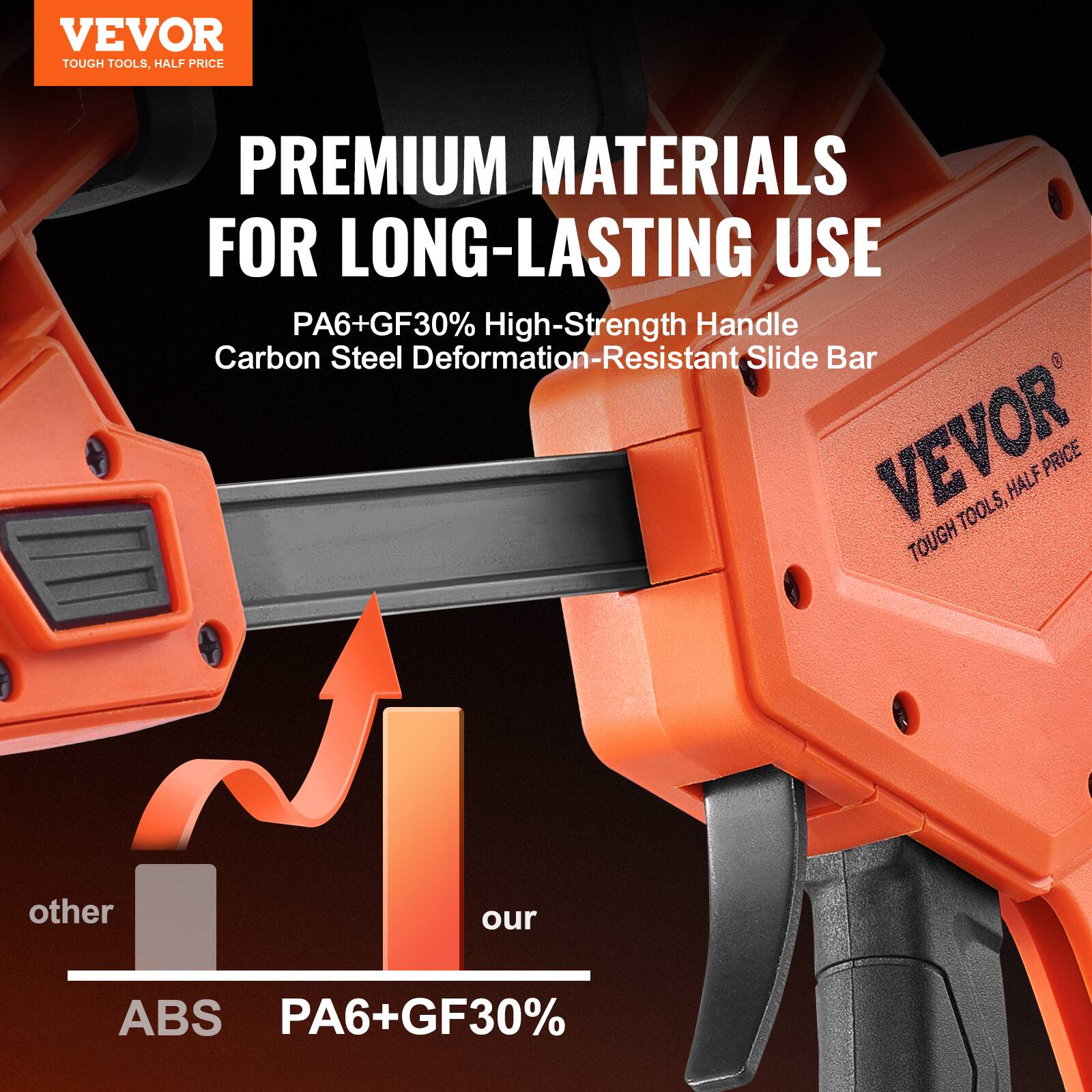 VEVOR TOUGH TOOLS, HALF PRICE PREMIUM MATERIALS FOR LONG-LASTING USE  
PA6+GF30% High-Strength Handle Carbon Steel Deformation-Resistant Slide Bar  

VEVOR  
TOUGH TOOLS, HALF PRICE  

PREMIUM MATERIALS FOR LONG-LASTING USE  
PA6+GF30% High-Strength Handle  
Carbon Steel Deformation-Resistant Slide Bar  

other ABS  
our PA6+GF30%