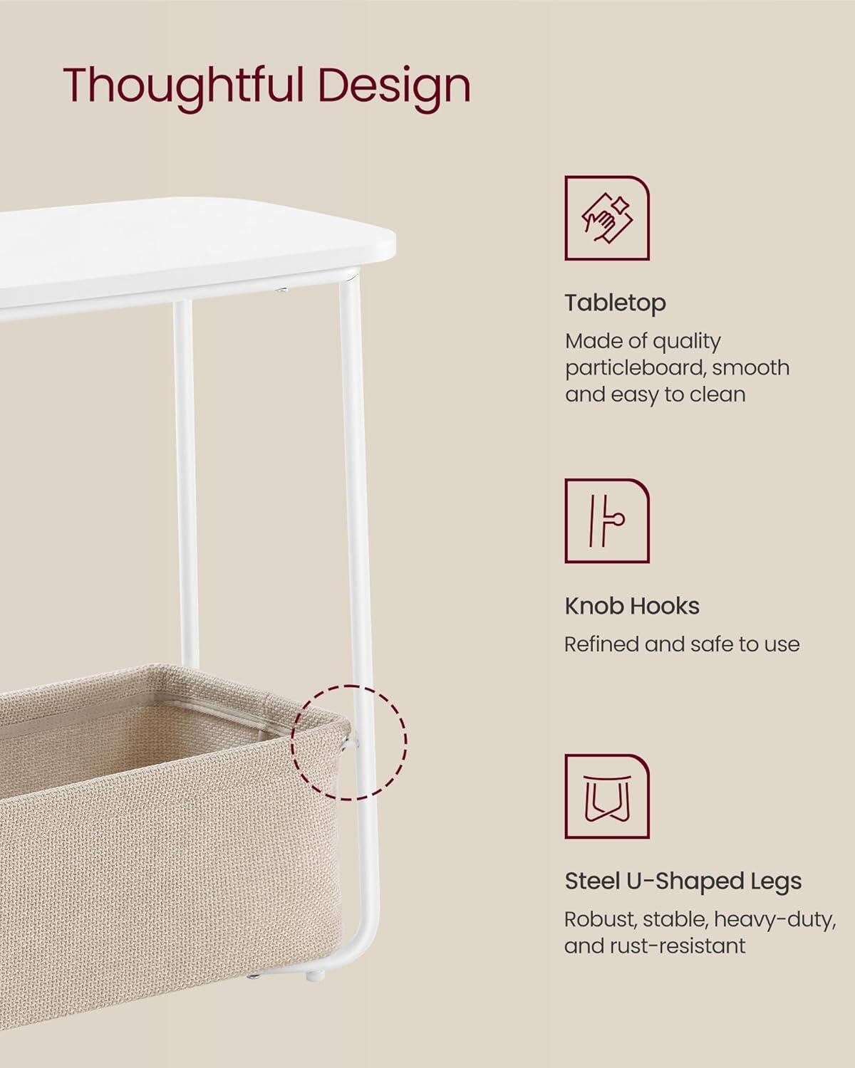Thoughtful Design

Tabletop
Made of quality particleboard, smooth and easy to clean

Knob Hooks
Refined and safe to use

Steel U-Shaped Legs
Robust, stable, heavy-duty, and rust-resistant
