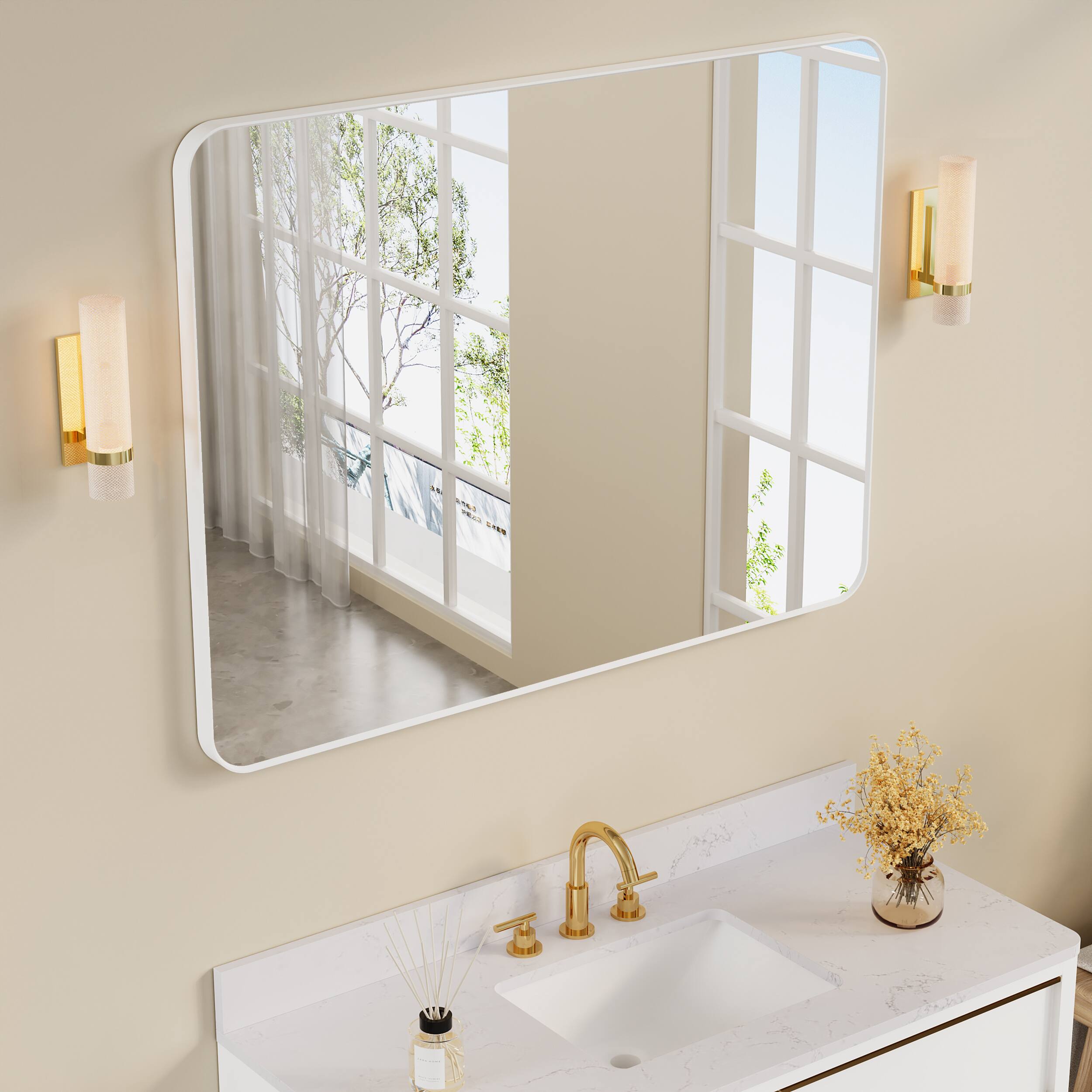 Left. WELLFOR - 48 in. W. x 36 in. H Rectangular Aluminum Framed Wall-Mounted Bathroom Vanity Mirror - White.