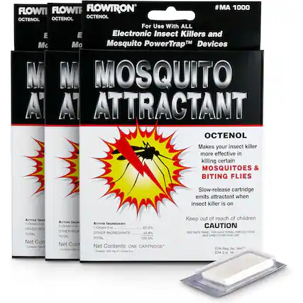 FLOWTRON #MA 1000
OCTENOL
For Use With ALL Electronic Insect Killers and Mosquito PowerTrap™ Devices
MOSQUITO ATTRACTANT
OCTENOL
Makes your insect killer more effective in killing certain MOSQUITOES & BITING FLIES
Slow-release cartridge emits attractant when insect killer is on
ACTIVE INGREDIENT: 1-Octen-3-ol 67.2%
OTHER INGREDIENTS 32.8%
TOTAL 100.0%
Net Contents: ONE CARTRIDGE*
Contains 1060 mg of 1-Octen-3-ol
Keep out of reach of children
CAUTION
SEE BACK PANEL FOR ADDITIONAL PRECAUTIONS AND DIRECTIONS FOR USE
EPA Reg. No. 3447
EPA Est. No.