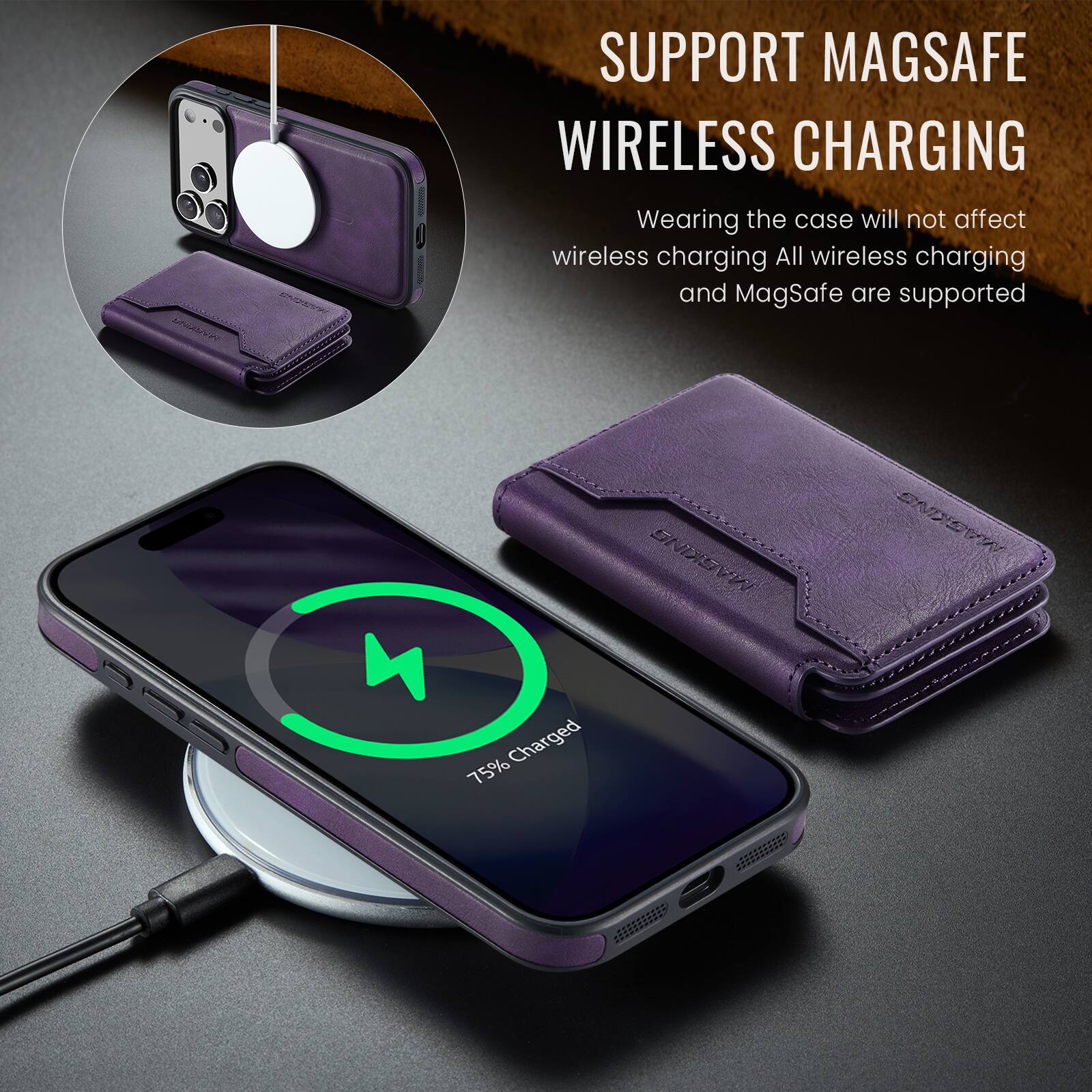 SUPPORT MAGSAFE WIRELESS CHARGING  
Wearing the case will not affect wireless charging. All wireless charging and MagSafe are supported.  
44 Charged 75%  
MASKING SNIXEA  
31329912
