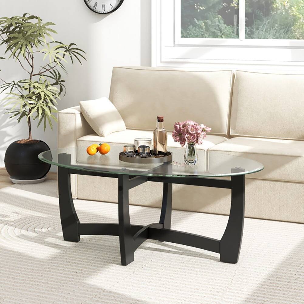 Angle. Pefilos - Oval Coffee Table with Tempered Glass Tabletop and Rubber Solid Wood Legs, Coffee Table - Black.