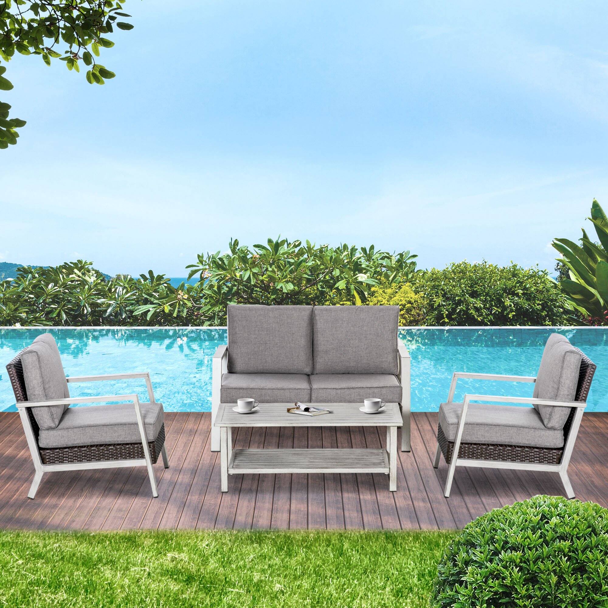 Alt View 1. Outsunny - Aluminum Patio Furniture Set, 5 Piece Modern Outdoor Conversation Set with Loveseat Sofa, Chairs, Cushions - Grey.