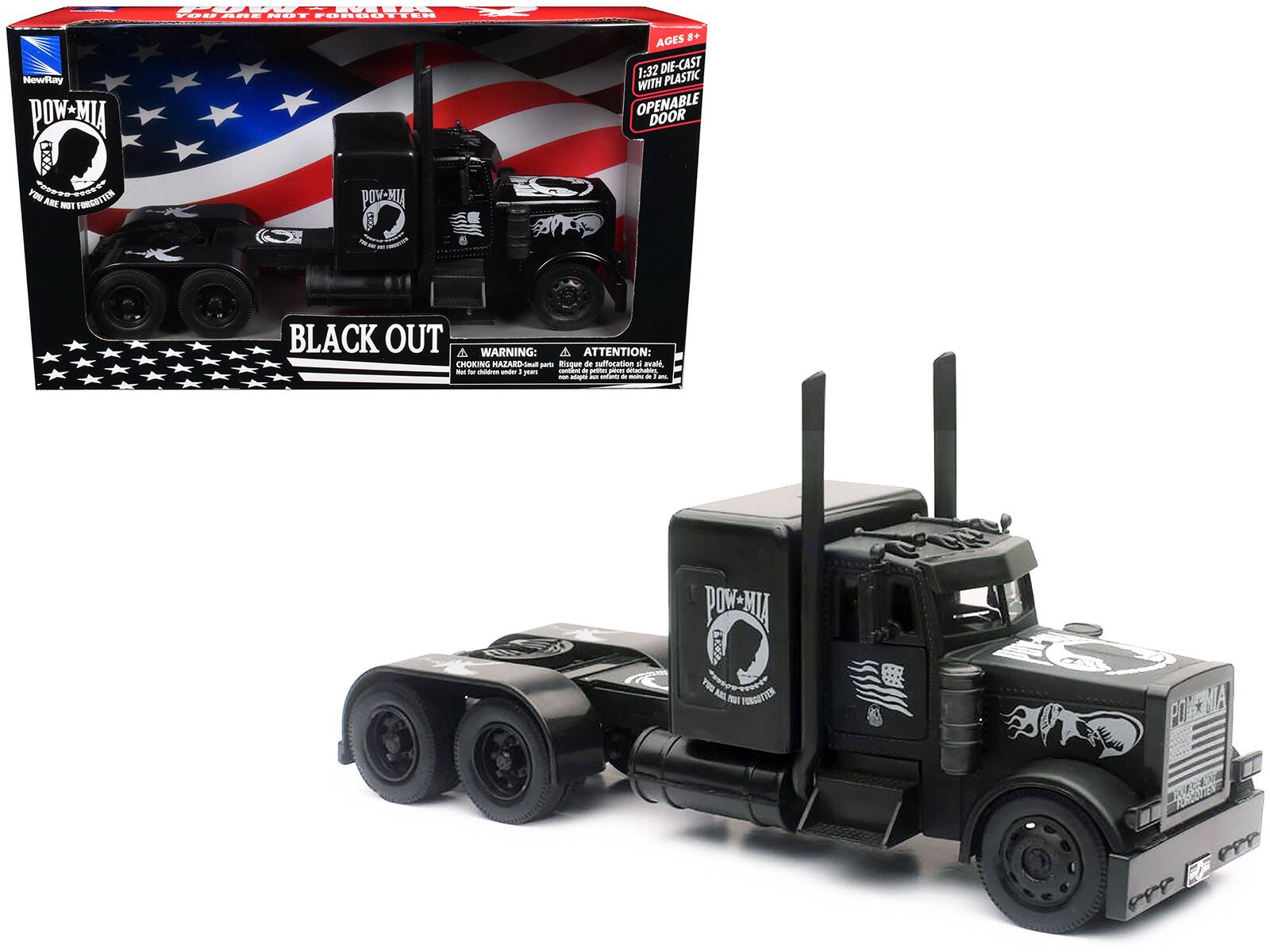 Sure, here is the corrected and grouped text from the image:

---

**NewRay**

**POW-MIA**

**YOU ARE NOT FORGOTTEN**

**BLACK OUT**

**AGES 8+**

**1:32 DIE-CAST WITH PLASTIC OPENABLE DOOR**

**WARNING: CHOKING HAZARD - Small parts. Not for children under 3 years.**

**ATTENTION: Rique de suffocation - petits éléments. Ne convient pas aux enfants de moins de 3 ans.**

**POW-MIA**

**YOU ARE NOT FORGOTTEN**

**BLACK OUT**

**POW-MIA**

**YOU ARE NOT FORGOTTEN**

**BLACK OUT**

**POW-MIA**

**YOU ARE NOT FORGOTTEN**

**BLACK OUT**

**POW-MIA**

**YOU ARE NOT FORGOTTEN**

**BLACK OUT**

**POW-MIA**

**YOU ARE NOT FORGOTTEN**

**BLACK OUT**

**POW-MIA**

**YOU ARE NOT FORGOTTEN**

**BLACK OUT**

**POW-MIA**

**YOU ARE NOT FORGOTTEN**

**BLACK OUT**

**POW-MIA**

**YOU ARE NOT FORGOTTEN