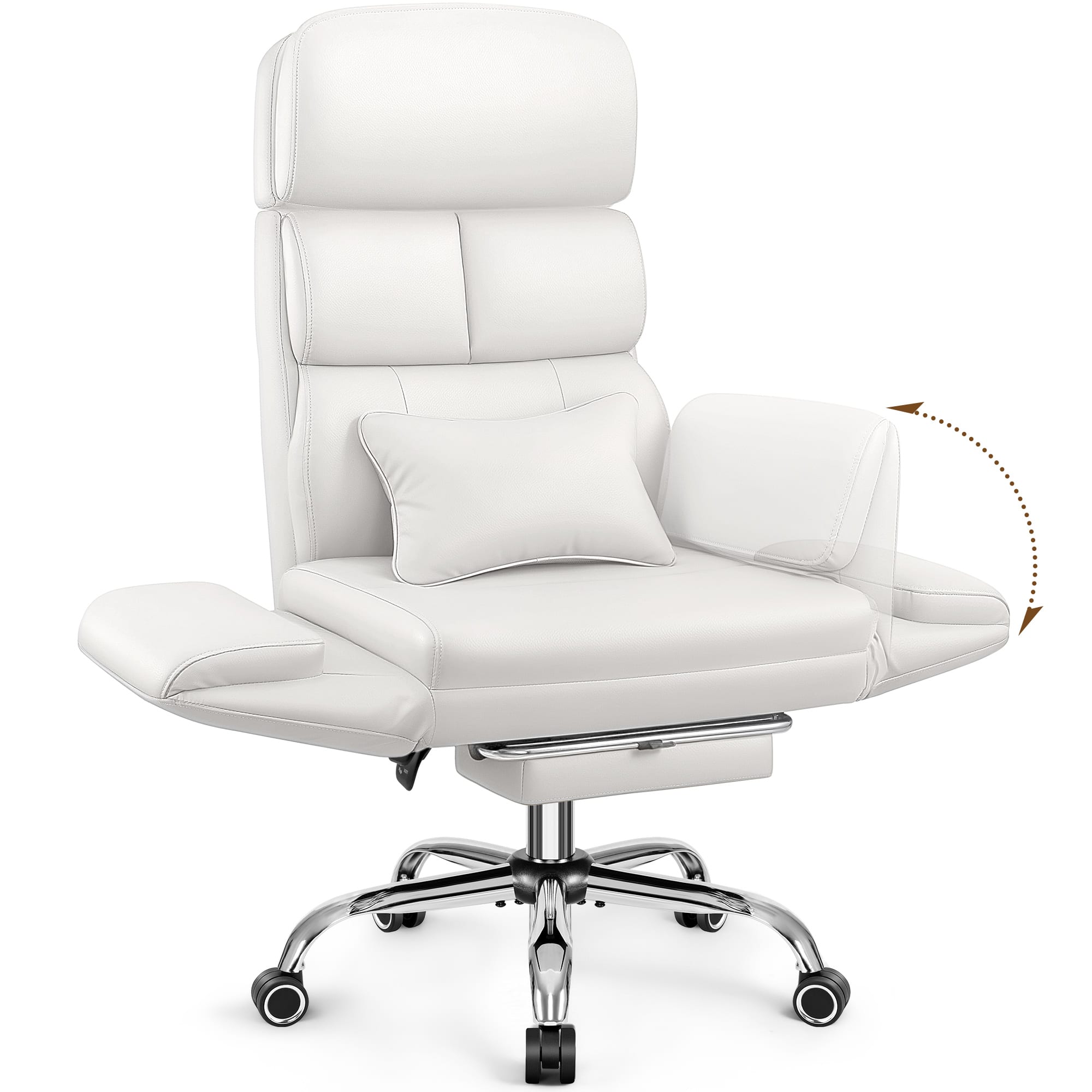 KERDOM - Big Tall Office Chair with Reversible Arm, PU Leather Executive Manager Boss Chair with Lifting Headrest & Lumbar Pillow - White
