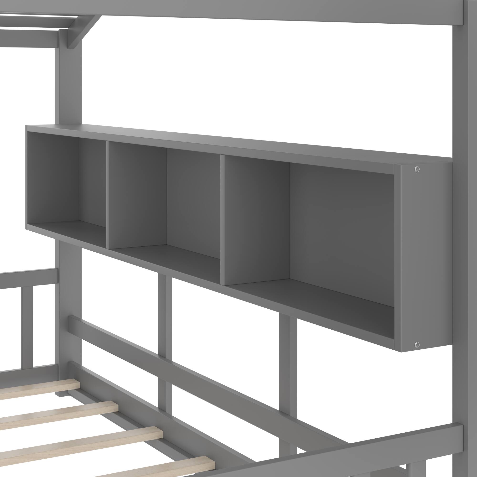 Alt View 4. GOODSILO - Montessori Floor House Bed for Toddlers with Storage Shelf and Playhouse Roof Design - Gray.