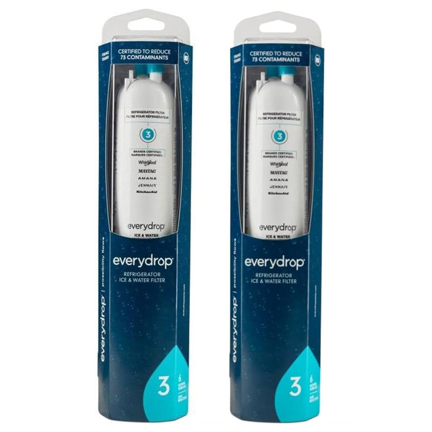 CERTIFIED TO REDUCE 73 CONTAMINANTS  
REFRIGERATOR FILTER  
everydrop  
REFRIGERATOR ICE & WATER FILTER  
3  
BRANDS CERTIFIED:  
Whirlpool  
MAYTAG  
AMANA  
JENNAIT  
KitchenAid  

CERTIFIED TO REDUCE 73 CONTAMINANTS  
REFRIGERATOR FILTER  
everydrop  
REFRIGERATOR ICE & WATER FILTER  
3  
BRANDS CERTIFIED:  
Whirlpool  
MAYTAG  
AMANA  
JENNAIT  
KitchenAid