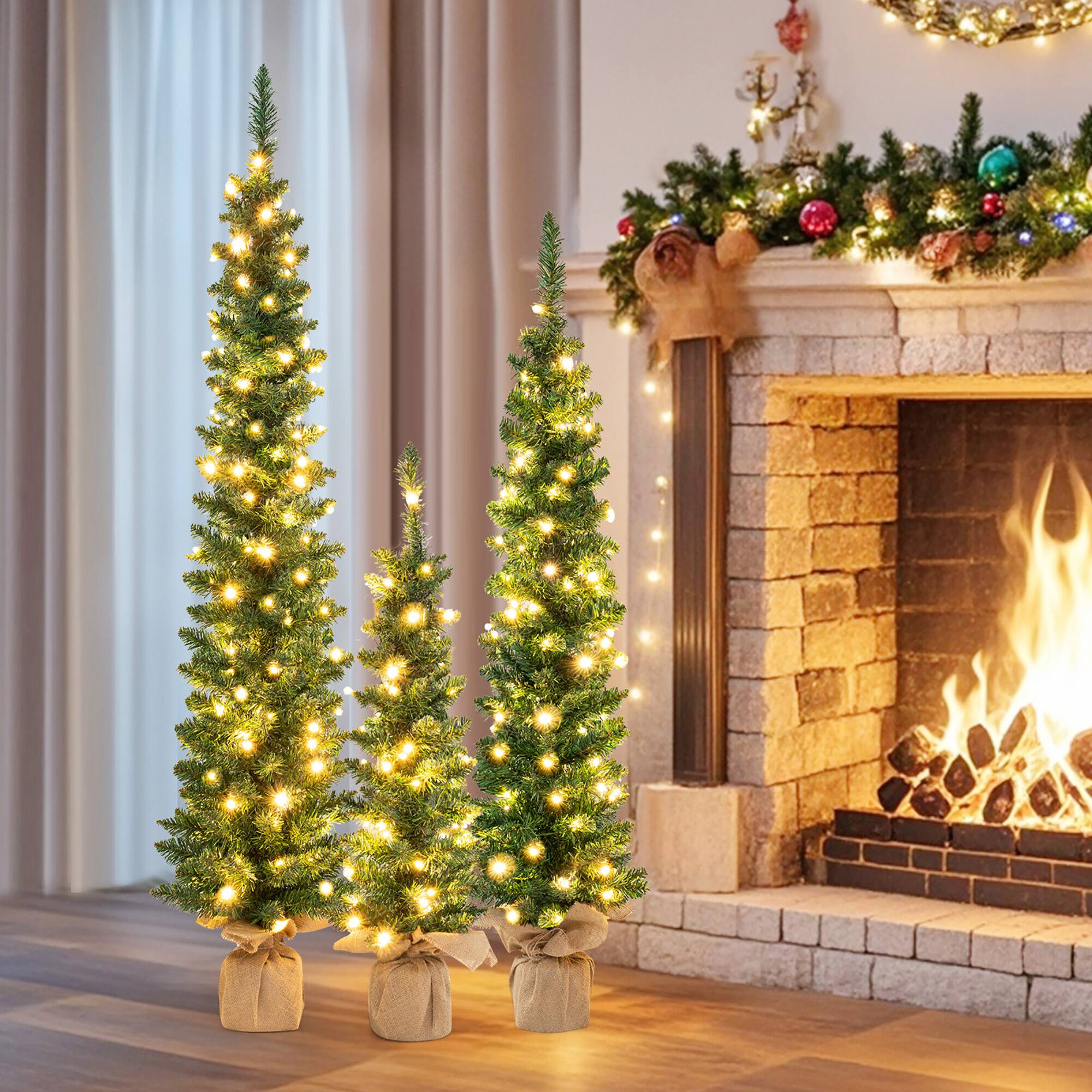 Alt View 1. Gymax - Gymax Set of 3 Pre-Lit Artificial Christmas Trees 3 PCS 3 4 5 FT Slim Pencil Xmas Tree - Green, Beige.