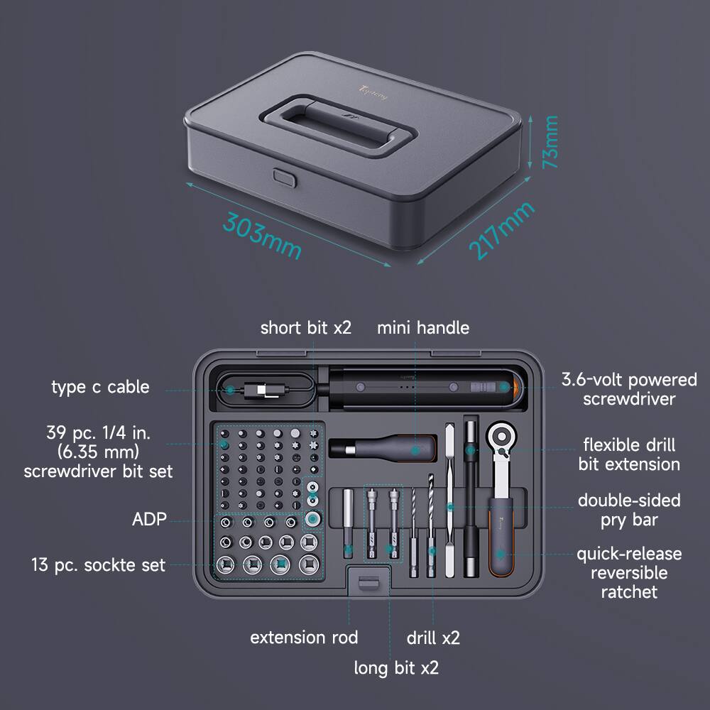 3.6-volt powered screwdriver  
303mm x 73mm x 217mm  
mini handle  
type C cable  
39 pc. 1/4 in. (6.35 mm) screwdriver bit set  
13 pc. socket set  
flexible drill bit extension  
double-sided pry bar  
quick-release reversible ratchet  
extension rod  
drill x2  
long bit x2  
short bit x2