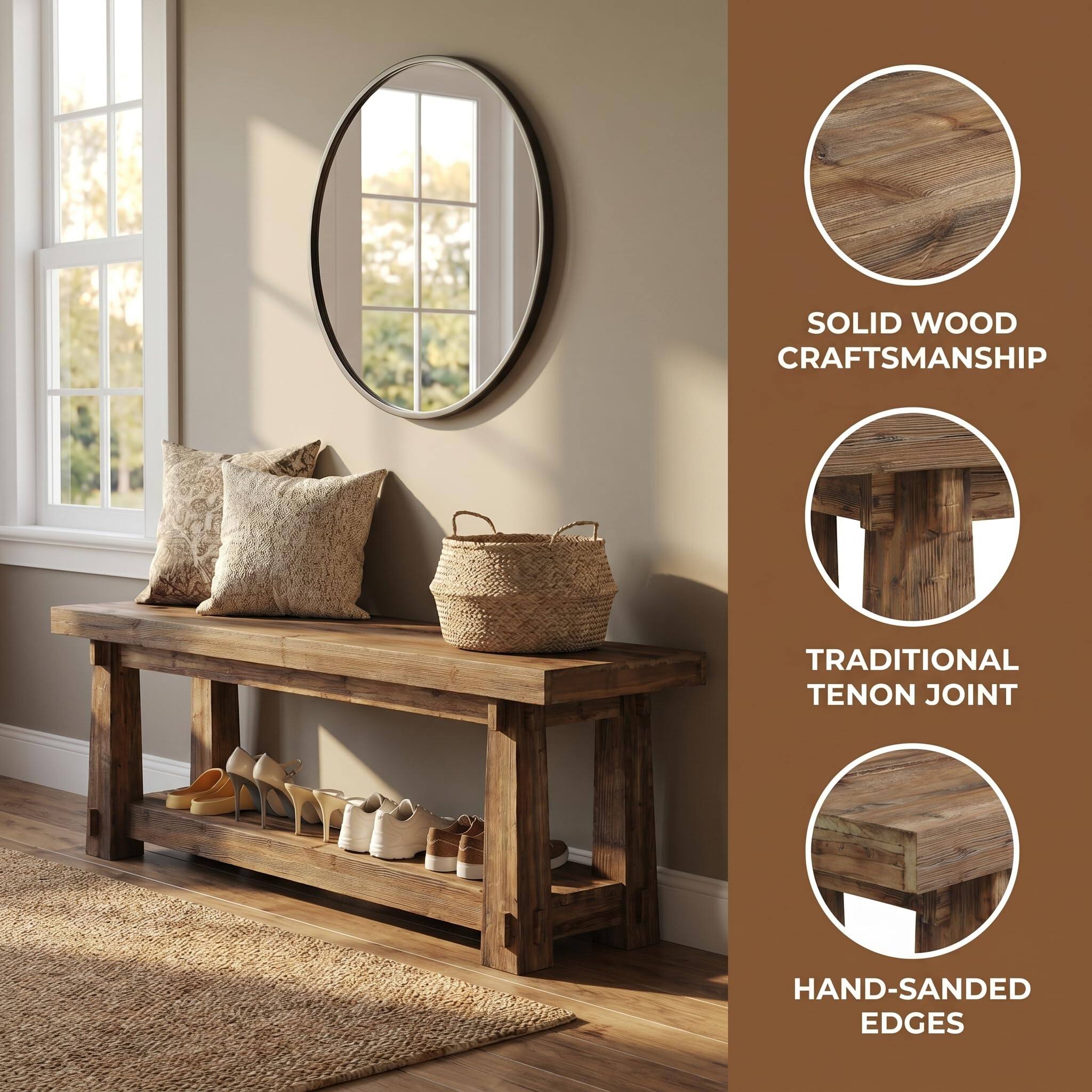 SOLID WOOD CRAFTSMANSHIP  
TRADITIONAL TENON JOINT  
HAND-SANDED EDGES
