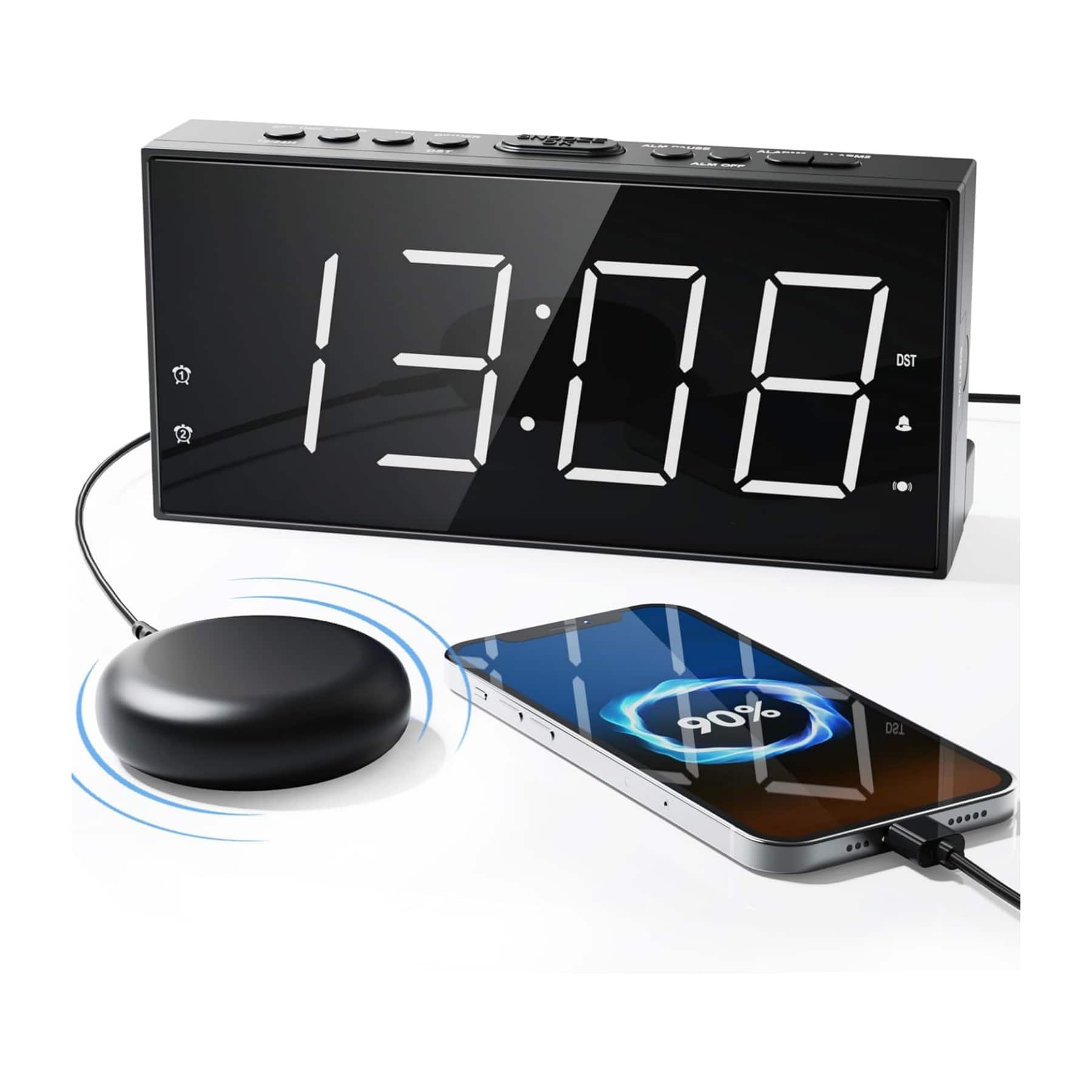 Dazzed Corner - Dual Vibrating Alarm Clock with USB Charger - Black