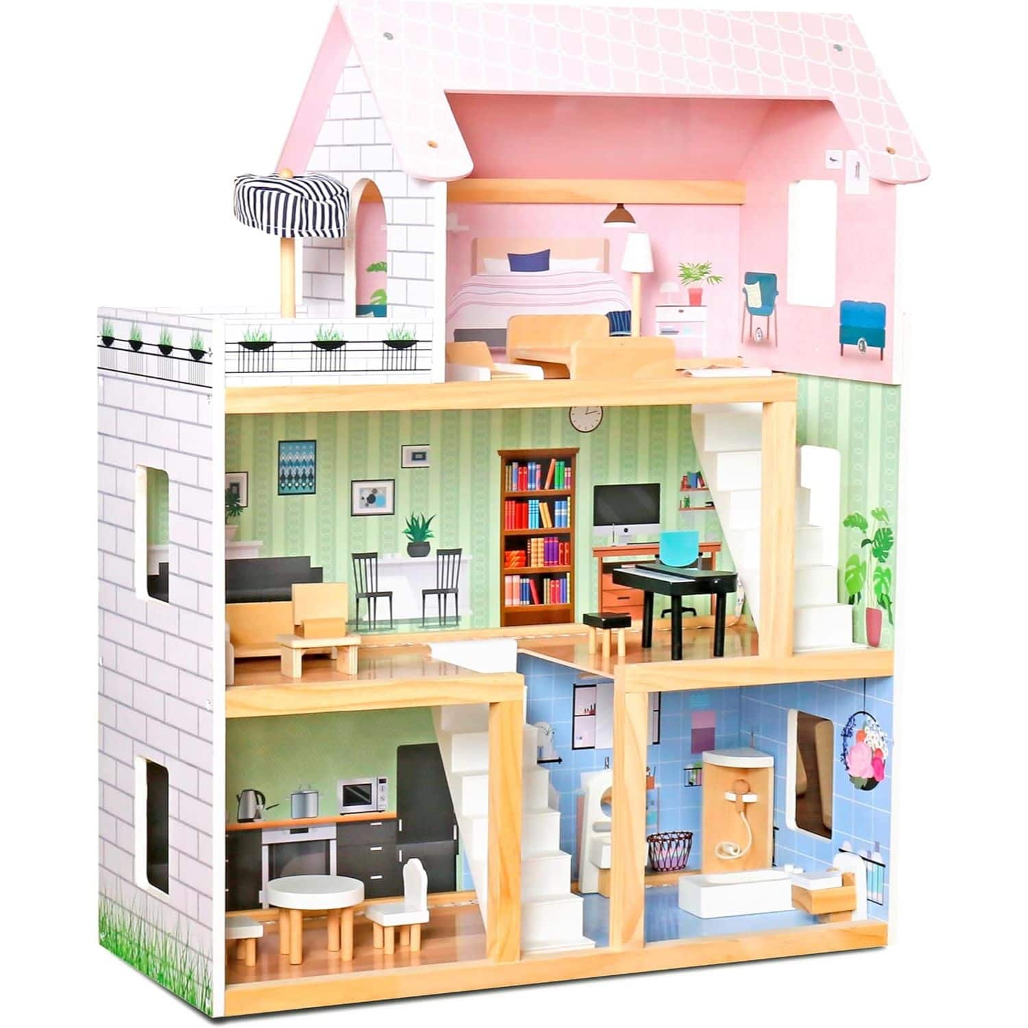 Lil' Jumbl - Kids Wooden Dollhouse, 3 Story Small Doll House with Stairs, Accessories & Furniture - Pink