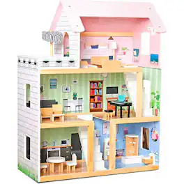 Lil' Jumbl - Kids Wooden Dollhouse, 3 Story Small Doll House with Stairs, Accessories & Furniture - Pink