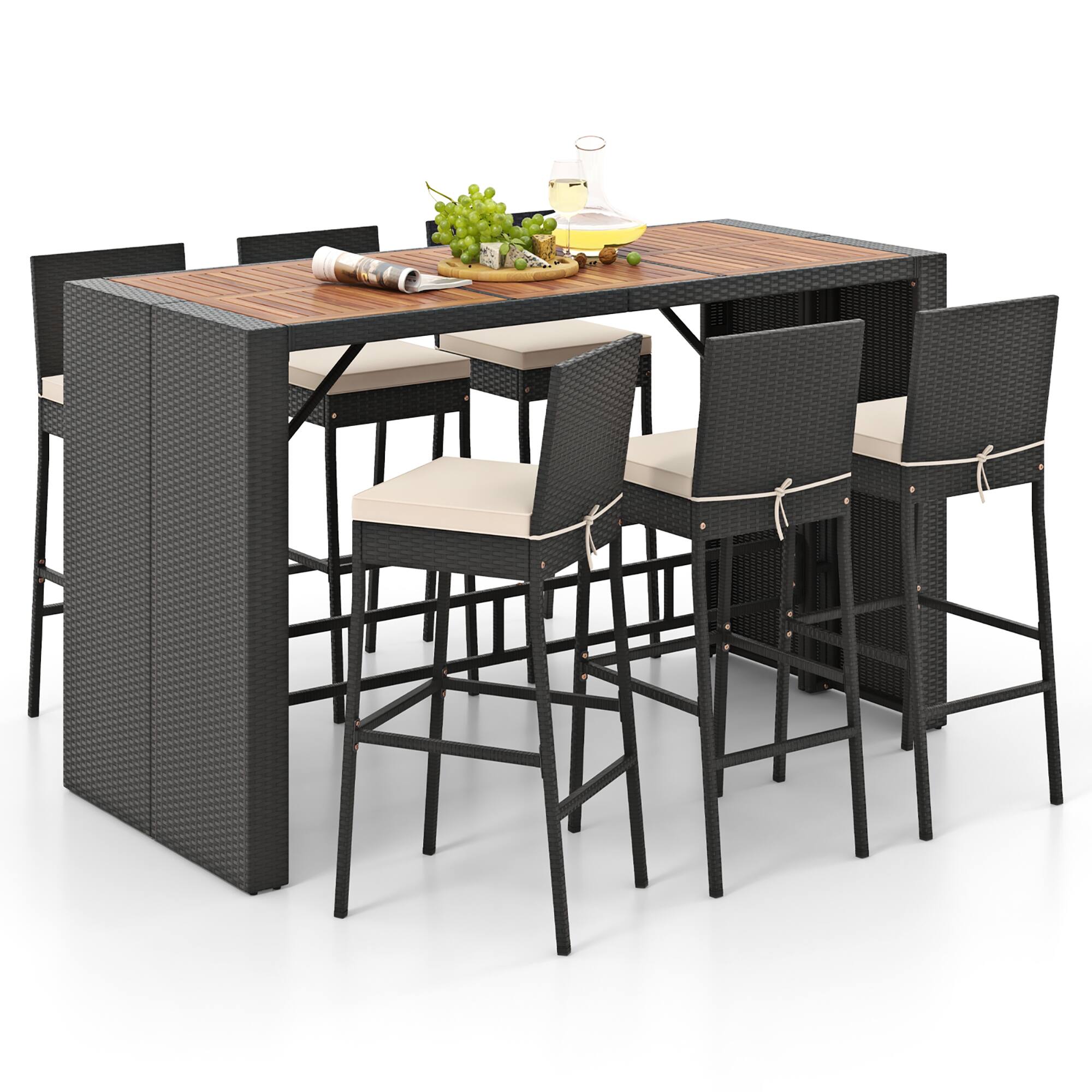 Alt View 9. Gymax - Gymax 7 Pieces Patio Bar Set w/ Acacia Wood Tabletop & Removable Cushions Outdoor - Black.