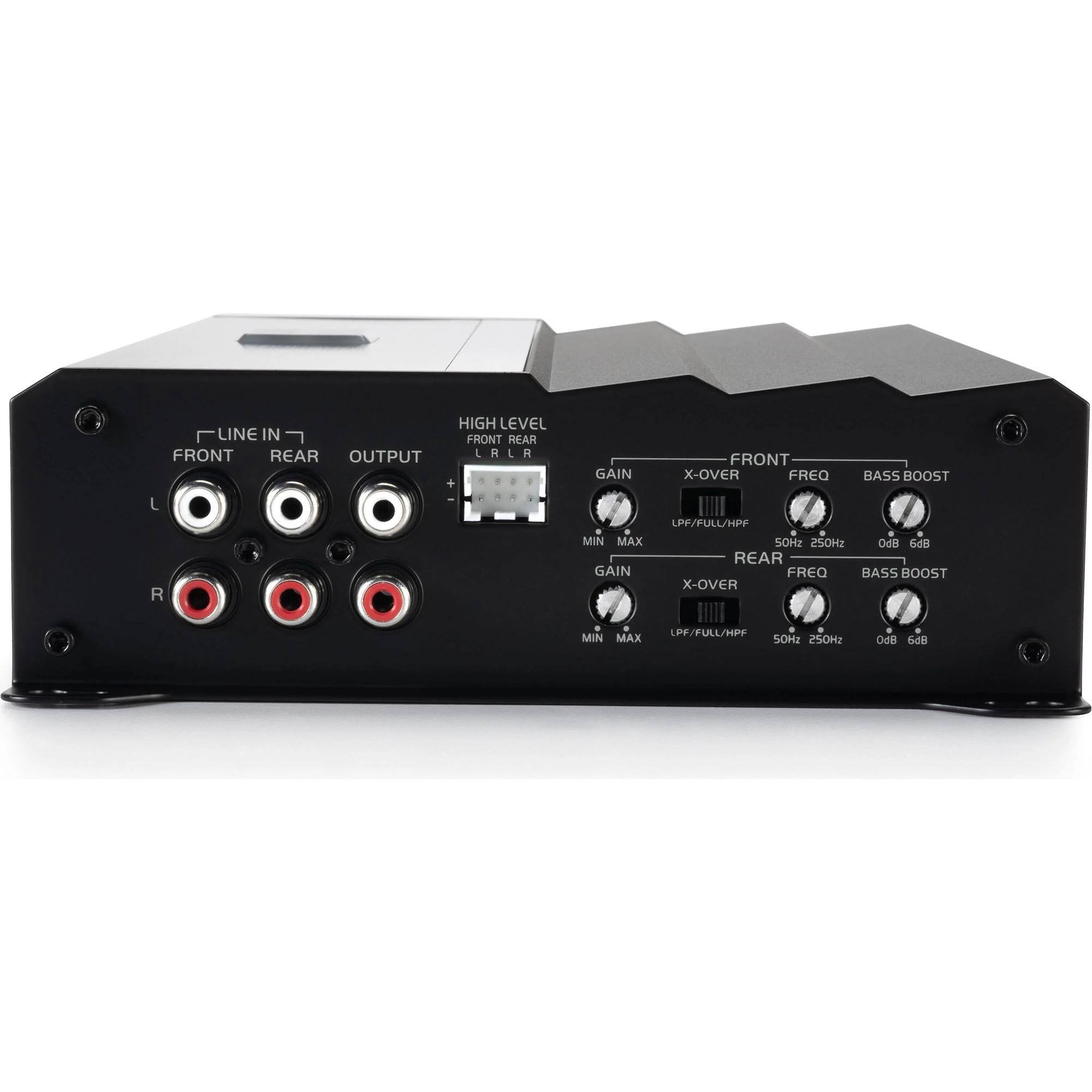 LINE IN FRONT REAR OUTPUT HIGH LEVEL FRONT REAR LRLR . F I R . 1  GAIN FRONT X-OVER FREQ BASS BOOST L R LPF/FULL/HPF . MIN MAX SOHz ESOMz Odl 6dB REAR GAIN FREQ BASS BOOST X-OVER . . + LPF/FULL/HPF MIN MAX SOMz 250Hz . OdB 6dB