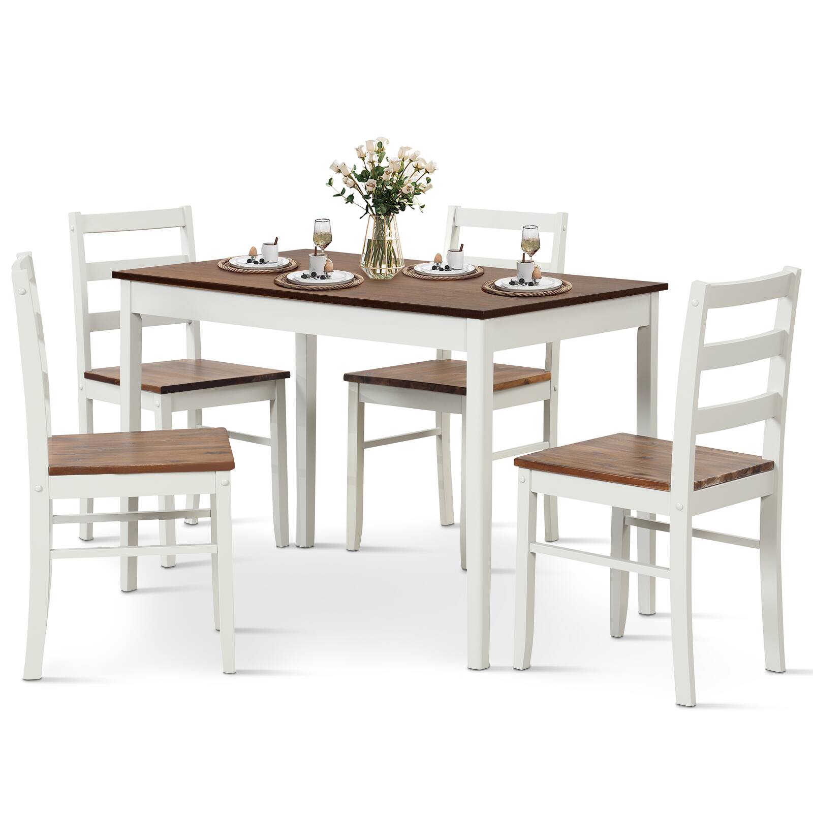 Back. SlickBlue - Rectangular Wood Dining Table Set with 4 Chairs, 5-Piece Design - Coffee.