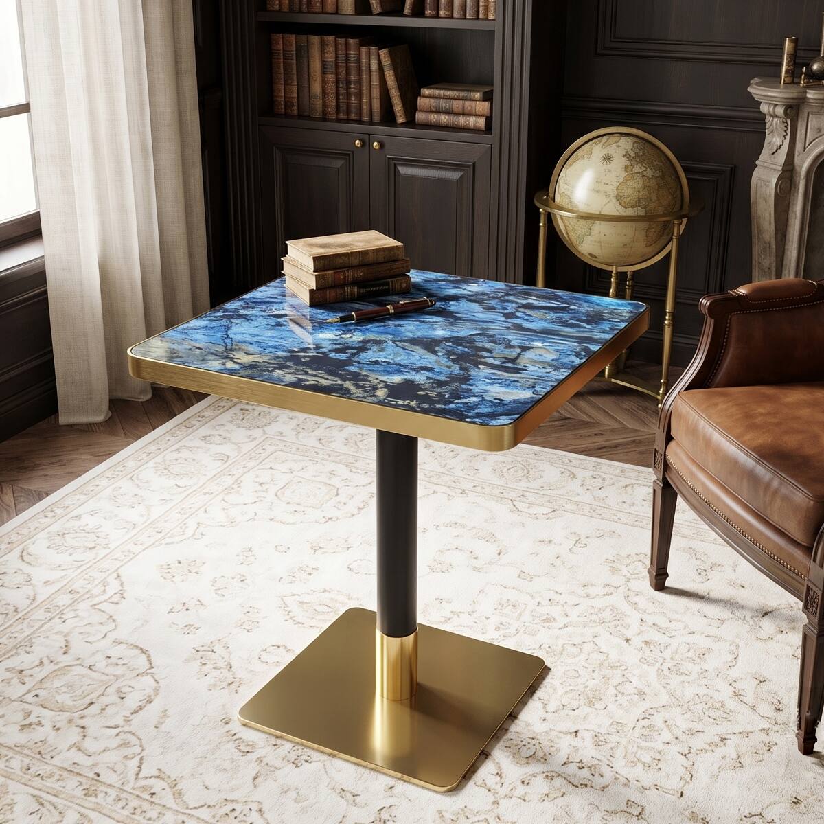 Alt View 7. Loheer - Loheer Small Square Dining Table, Blue Agate Marble Look Top with Gold Edge, 23.7-Inch Bistro Table - Black, Blue, Gold.