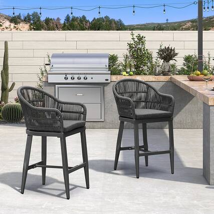 Front. PURPLE LEAF - Outdoor Counter/Bar Height Stools Rattan Wicker Bar Chairs Set of 2 Woven Aluminum Barstools with Back and Cushions - Gray.