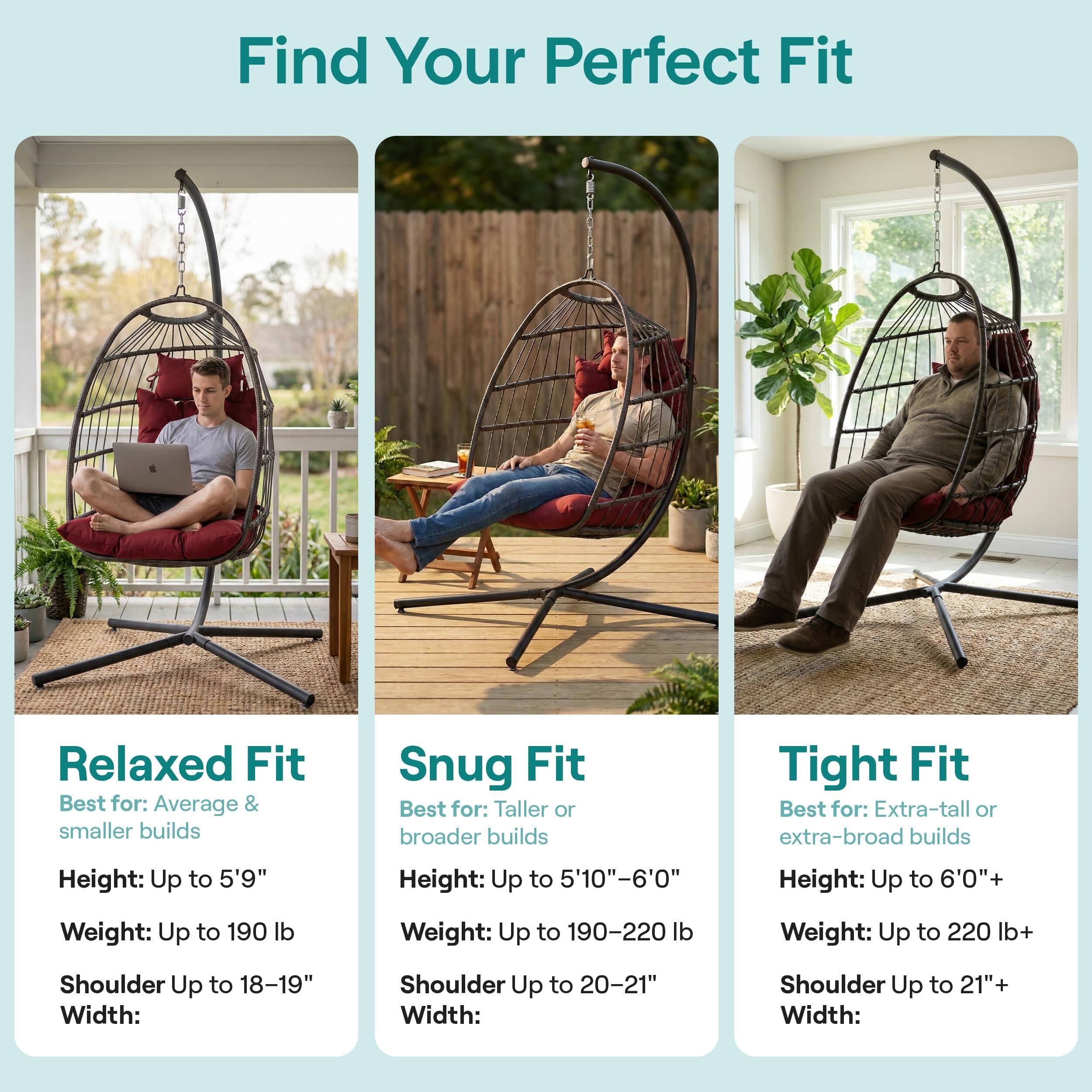 Find Your Perfect Fit

Relaxed Fit  
Best for: Average & smaller builds  
Height: Up to 5'9"  
Weight: Up to 190 lb  
Shoulder Up to 18-19" Width:

Snug Fit  
Best for: Taller or broader builds  
Height: Up to 5'10"-6'0"  
Weight: Up to 190-220 lb  
Shoulder Up to 20-21" Width:

Tight Fit  
Best for: Extra-tall or extra-broad builds  
Height: Up to 6'0"+  
Weight: Up to 220 lb+  
Shoulder Up to 21"+ Width: