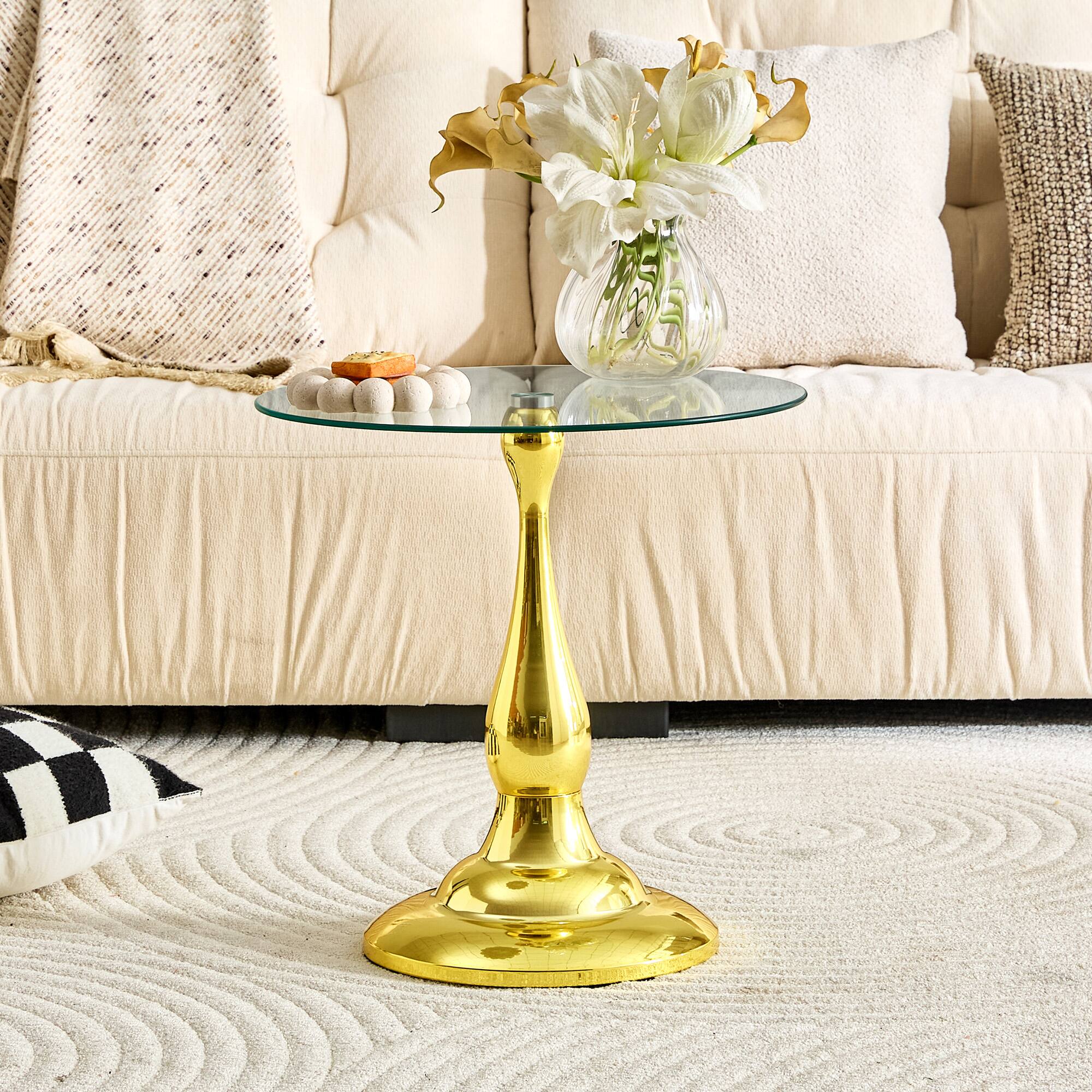 Angle. Anysun - Small Metal Side Table – Modern Round-Edge Table with Tempered Glass Top – Approx. 19.6" Diameter - Gold.