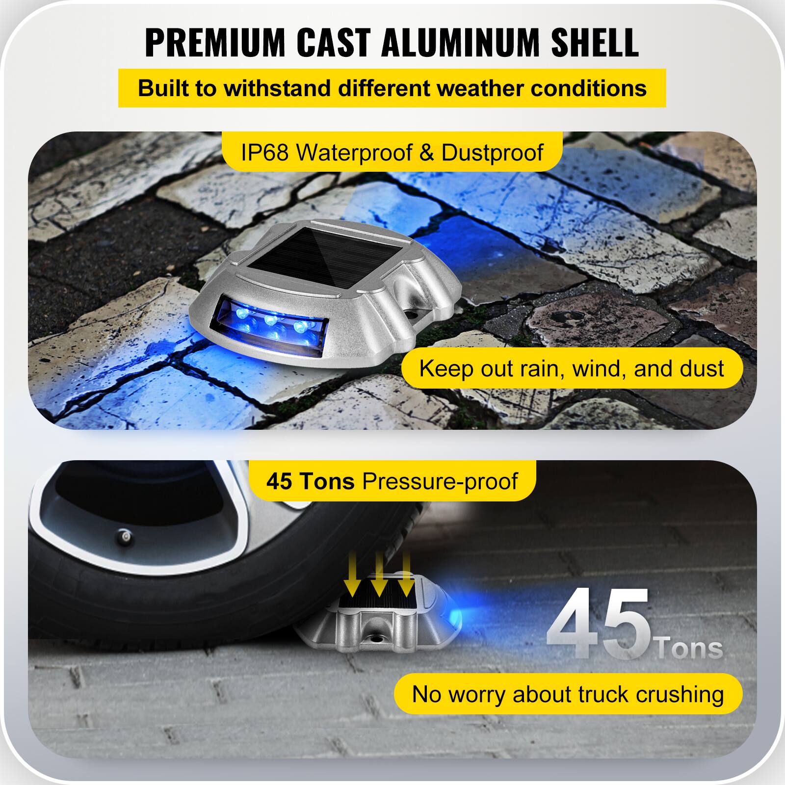 **PREMIUM CAST ALUMINUM SHELL**

- Built to withstand different weather conditions
- IP68 Waterproof & Dustproof
- Keep out rain, wind, and dust
- 45 Tons Pressure-proof
- No worry about truck crushing