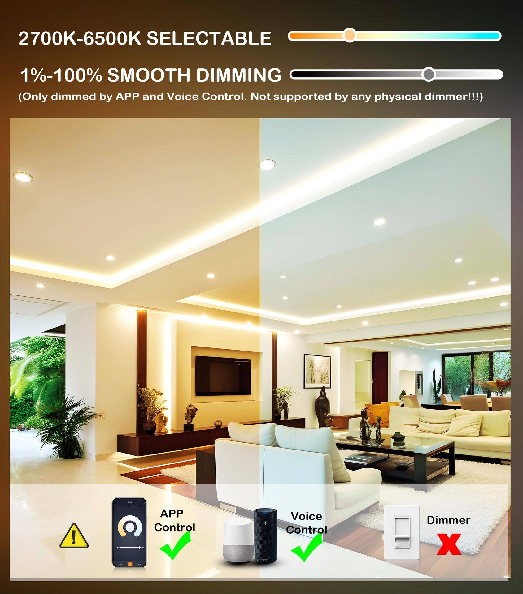 2700K-6500K SELECTABLE  
1%-100% SMOOTH DIMMING  
(Only dimmed by APP and Voice Control. Not supported by any physical dimmer!!!)  

APP Control  
Voice Control  
Dimmer X