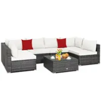 Costway 7PCS Patio Rattan Furniture Set Sectional Sofa Cushioned - Off White - Front_Zoom