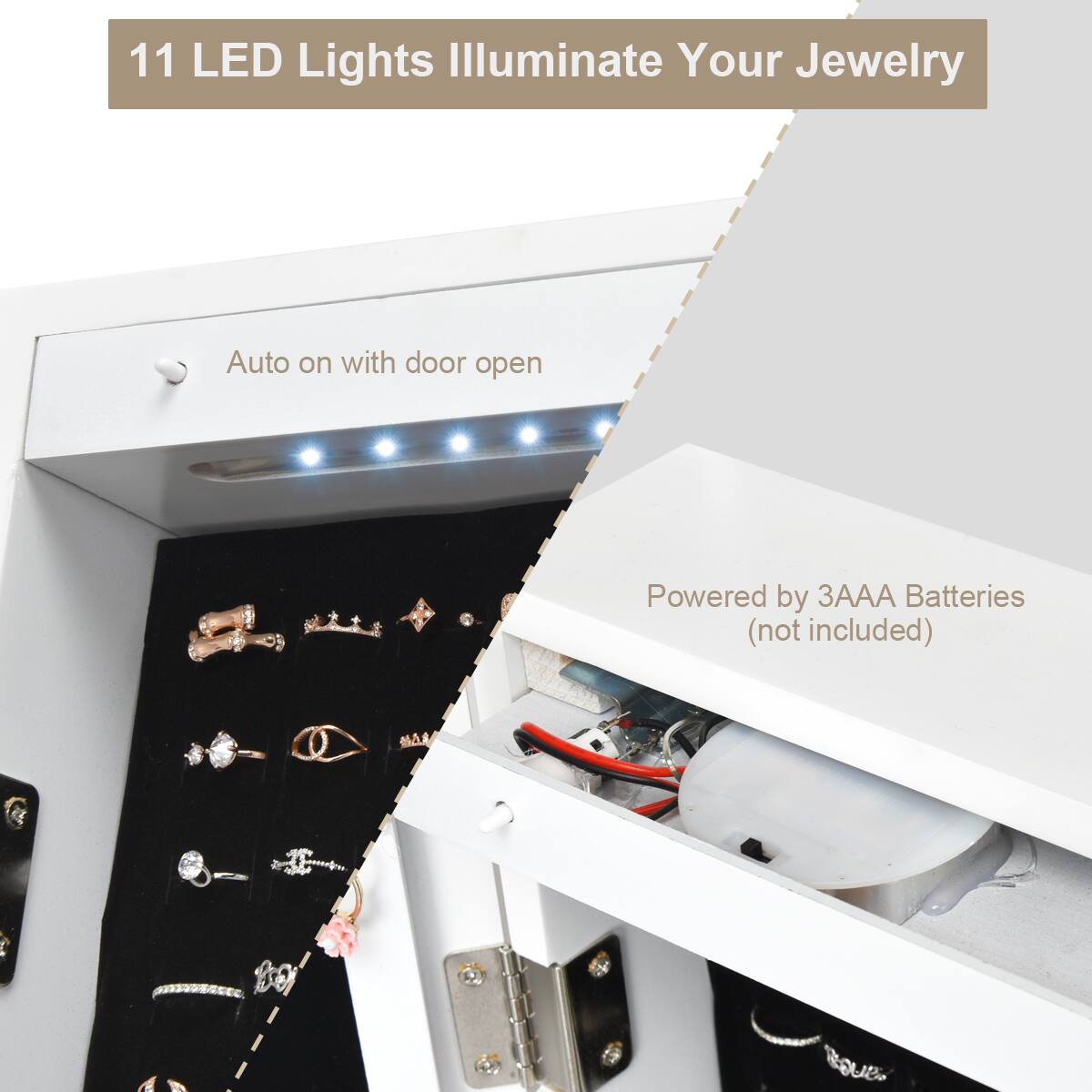 11 LED Lights Illuminate Your Jewelry Auto on with door open Powered by 3 AA Batteries (not included)