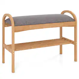 Costway - Bamboo Entryway Shoe Bench 2-Tier Shoe Rack with Padded Seat Cushion for Hallway - Natural+Grey