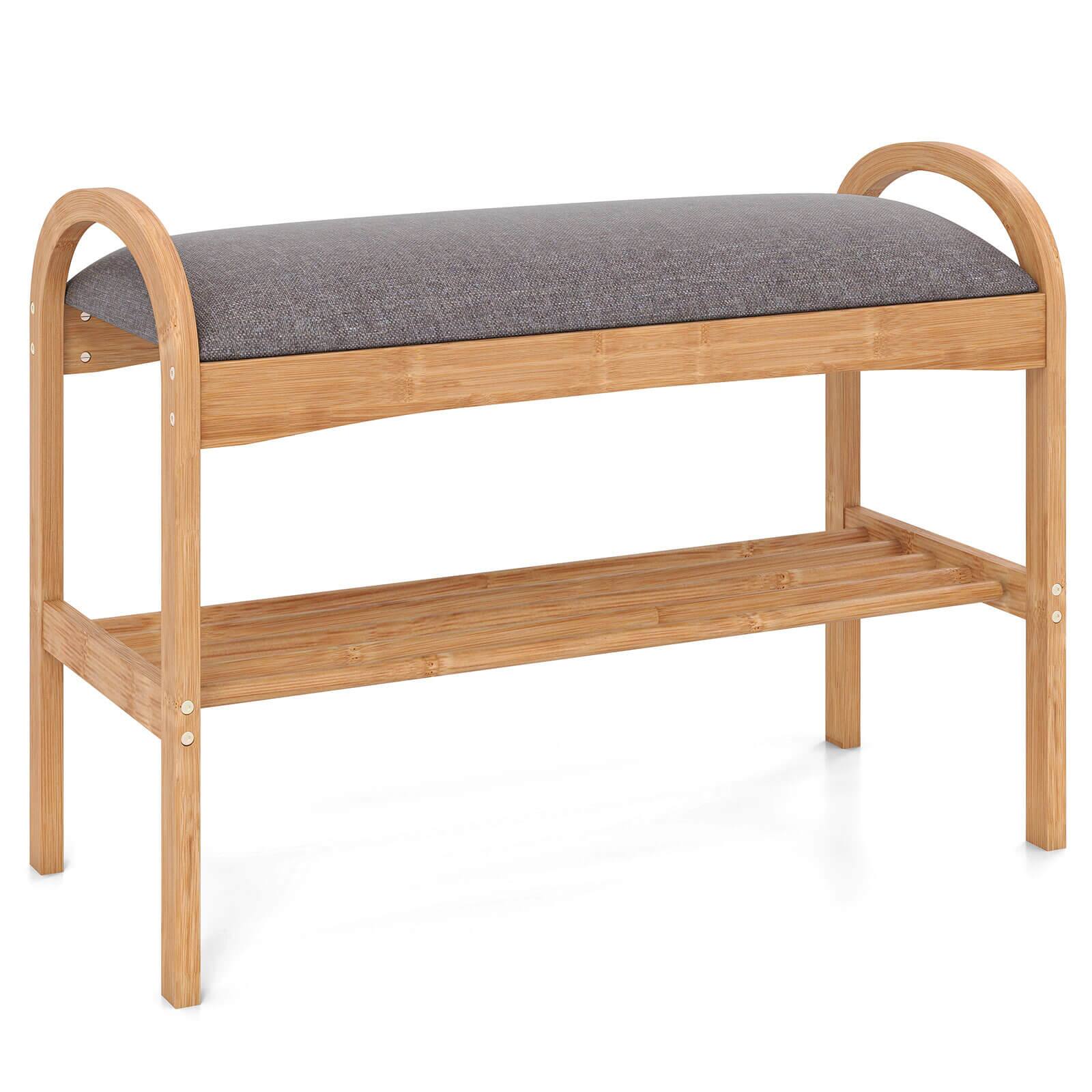 Front. Costway - Costway Bamboo Entryway Shoe Bench 2-Tier Shoe Rack with Padded Seat Cushion for Hallway - Natural,Gray.