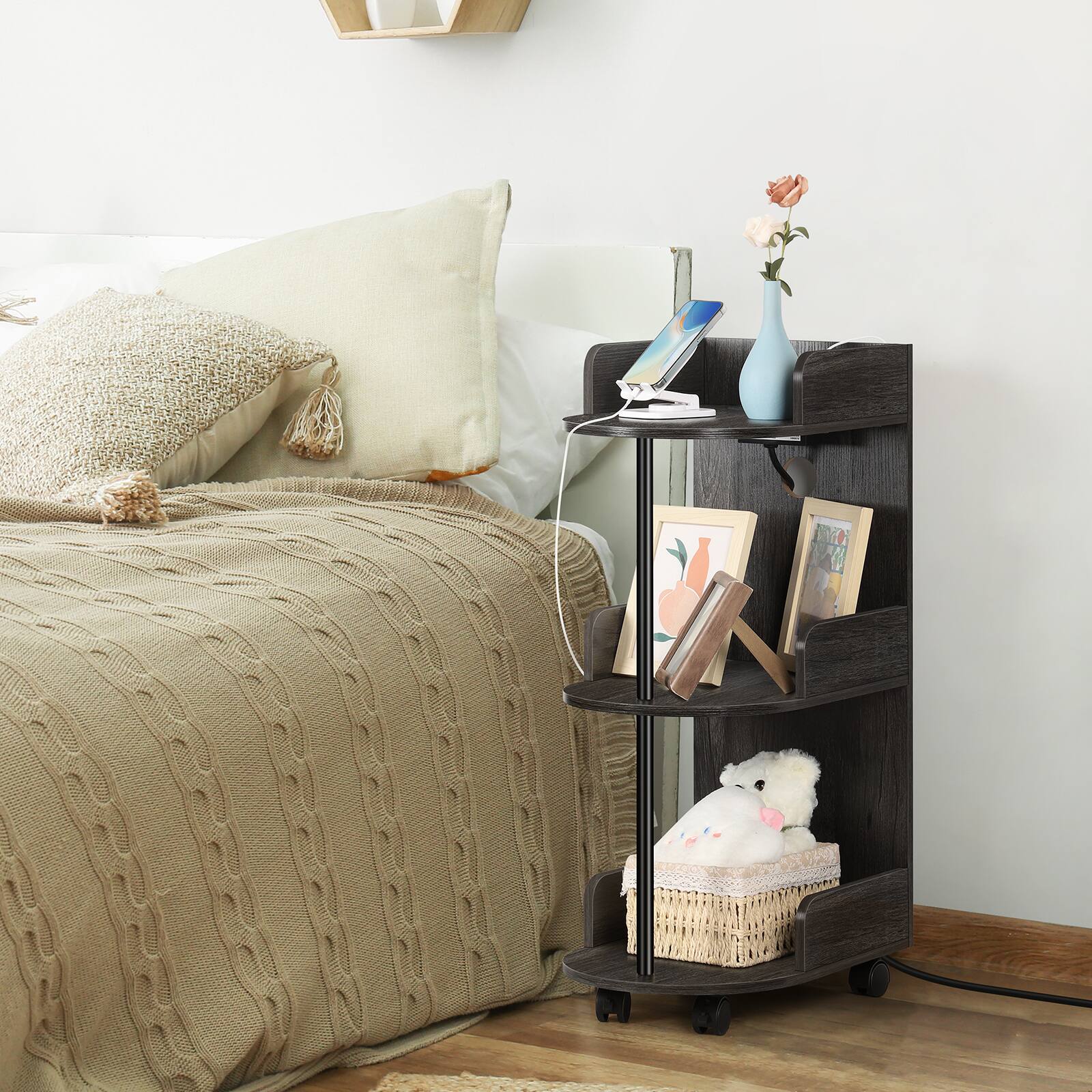 Alt View 1. Oumilen - 3-Tier Mobile Side Table with Charging Station – Wooden End Table with Wheels, AC/USB/Type-C for Bedroom, Living Room - Black.