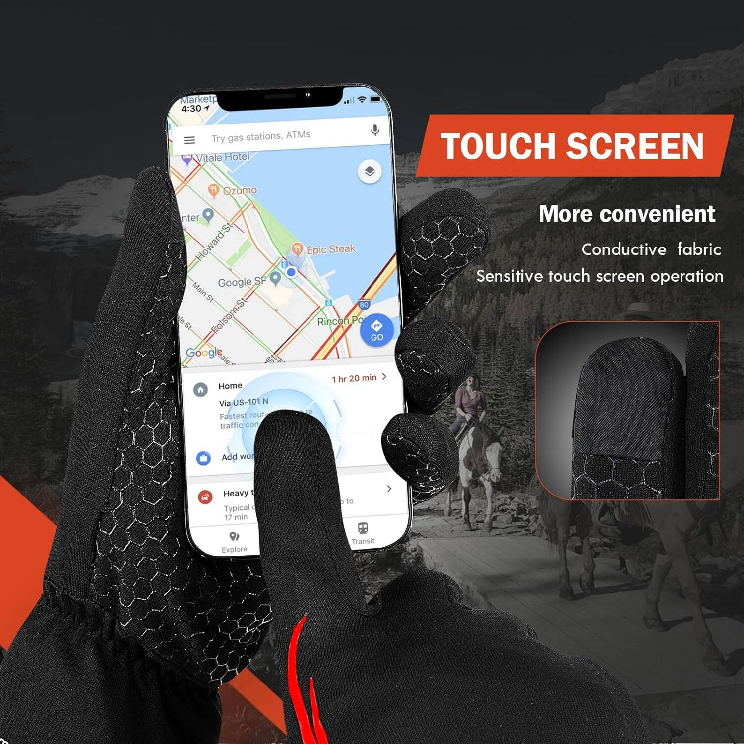 Markets 4:30  
stations, ATMs  
Try gas stations, ATMs  
Vitale Hotel  
Ozumo  
Howard St  
Google SF  
Epic Steak  
Rincon Po  
Google Maps  
Home  
Via US-101 N  
Fastest route  
traffic con  
Add wo  
Heavy  
Typical 17 min  
Explore  
Transit  
TOUCH SCREEN  
More convenient  
Conductive fabric  
Sensitive touch screen operation